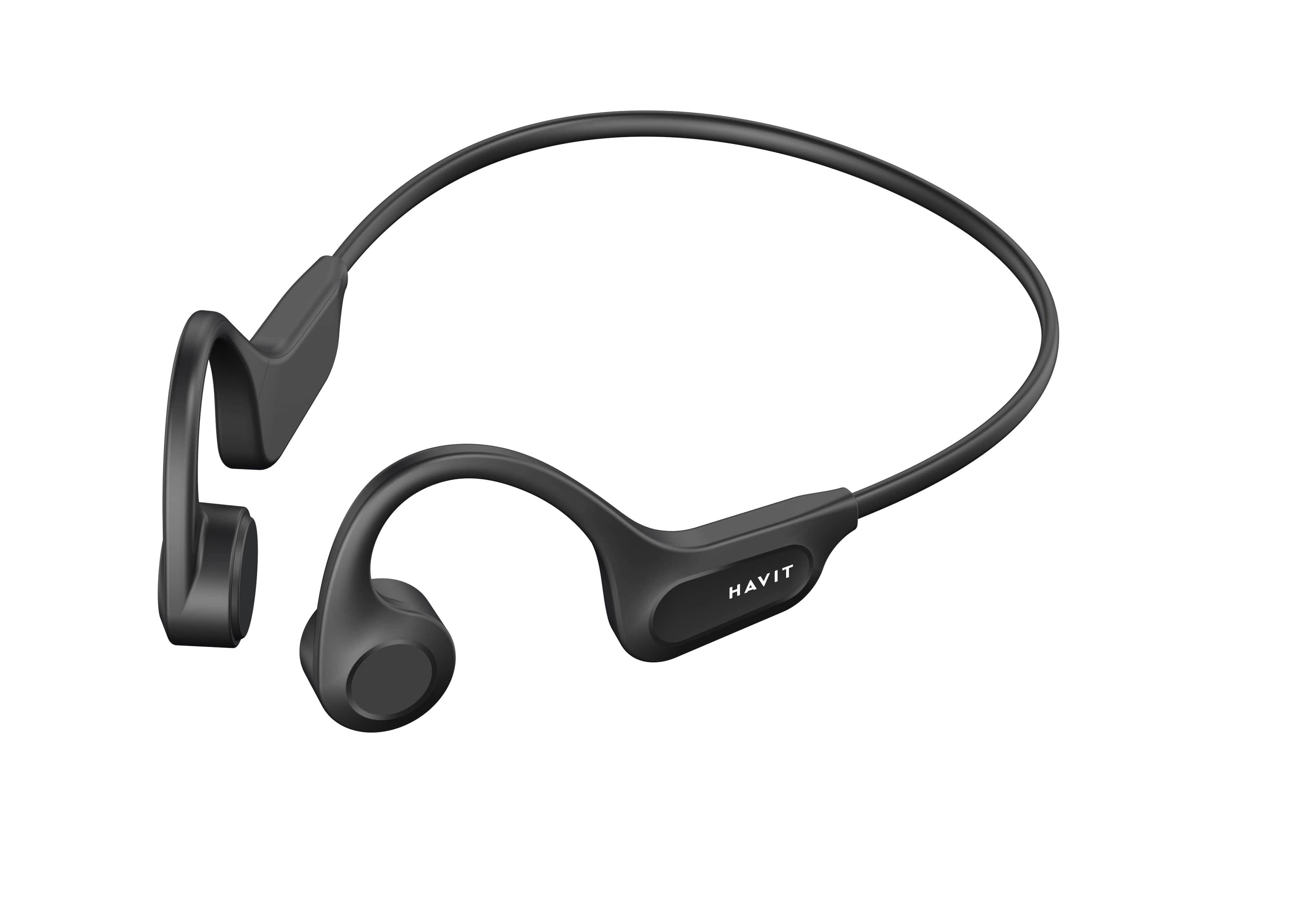 Czarne słuchawki bezprzewodowe z pałąkiem na szyję. Tekst marki HAVIT. Białe tło.
