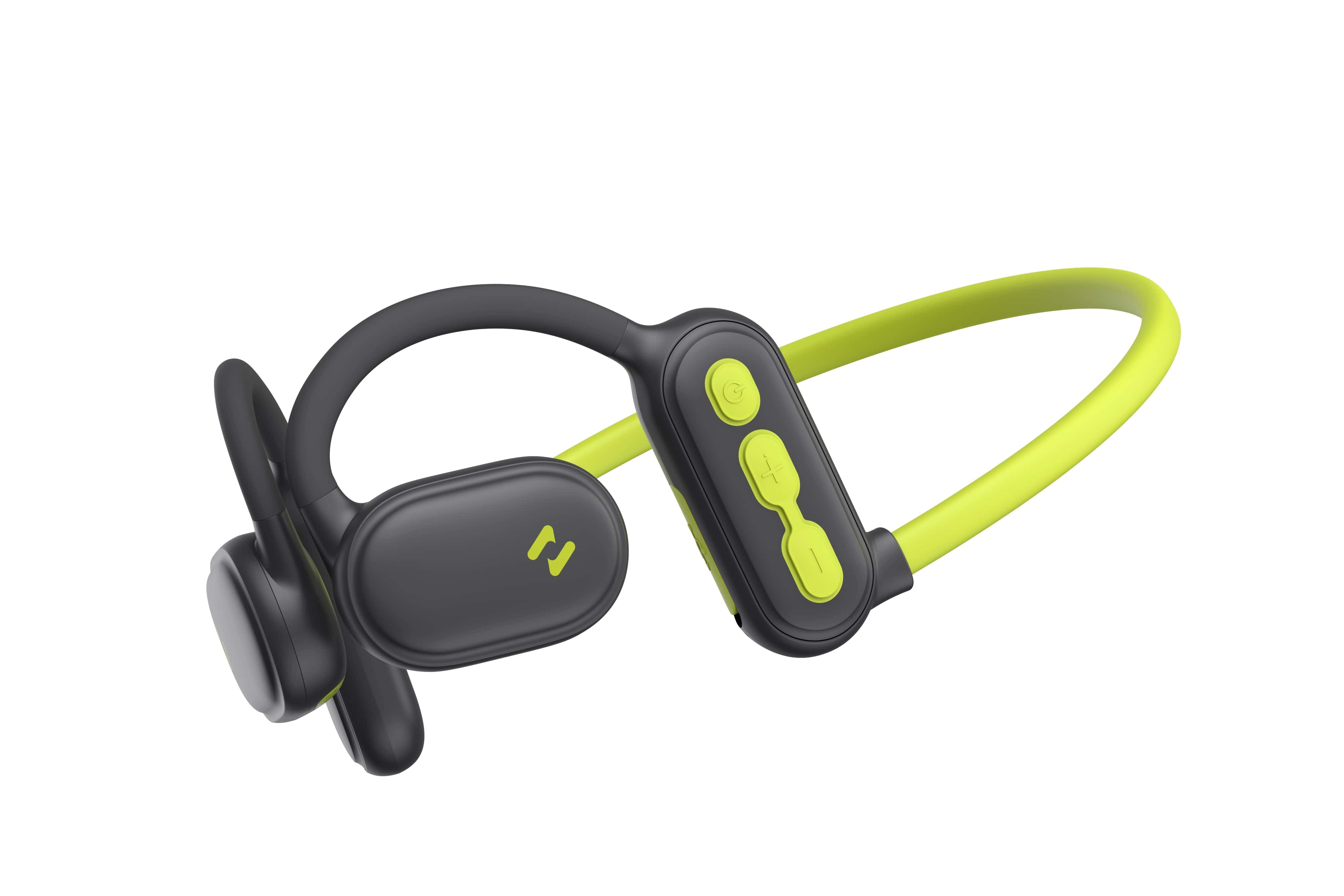Casque à conduction osseuse noir et vert sur fond blanc.