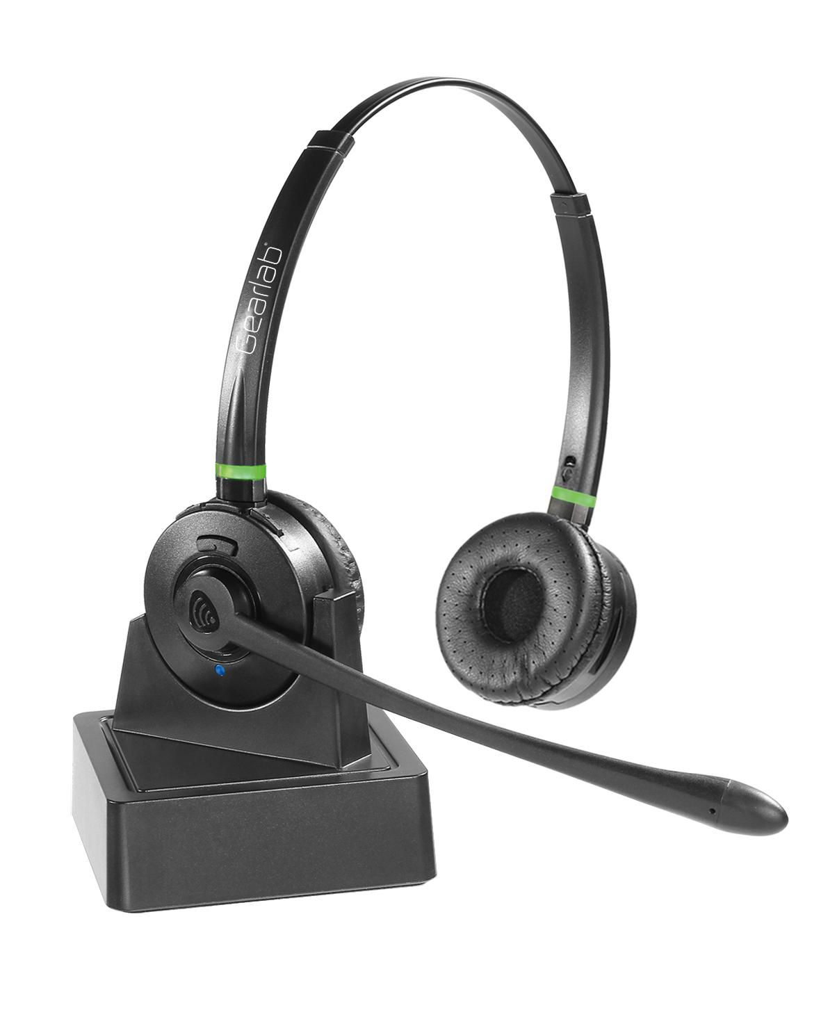 Cuffia wireless nera con base. Ha un microfono e il marchio Gearlab.