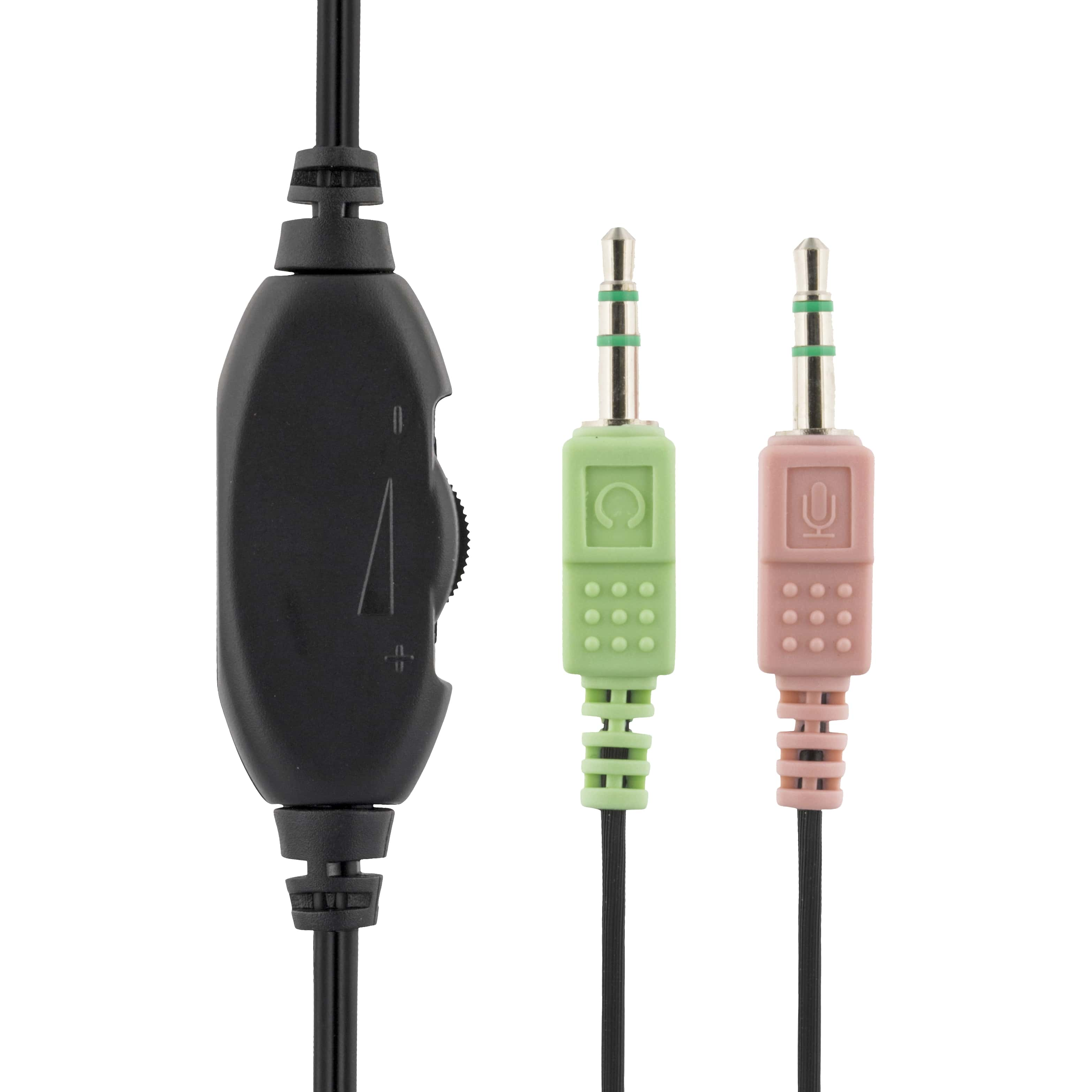 Cavo audio con controllo del volume, jack verde e rosa.