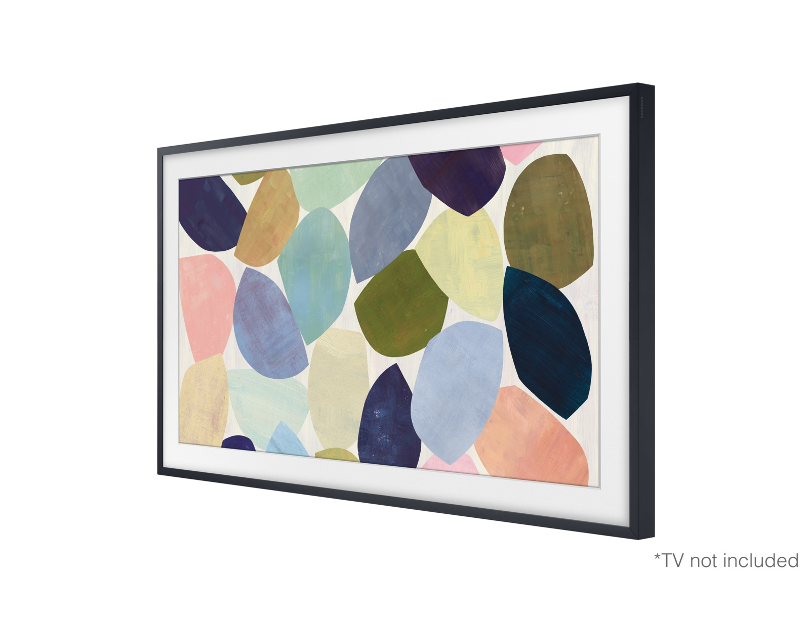 Une œuvre d'art encadrée sur fond blanc, avec des formes abstraites colorées.