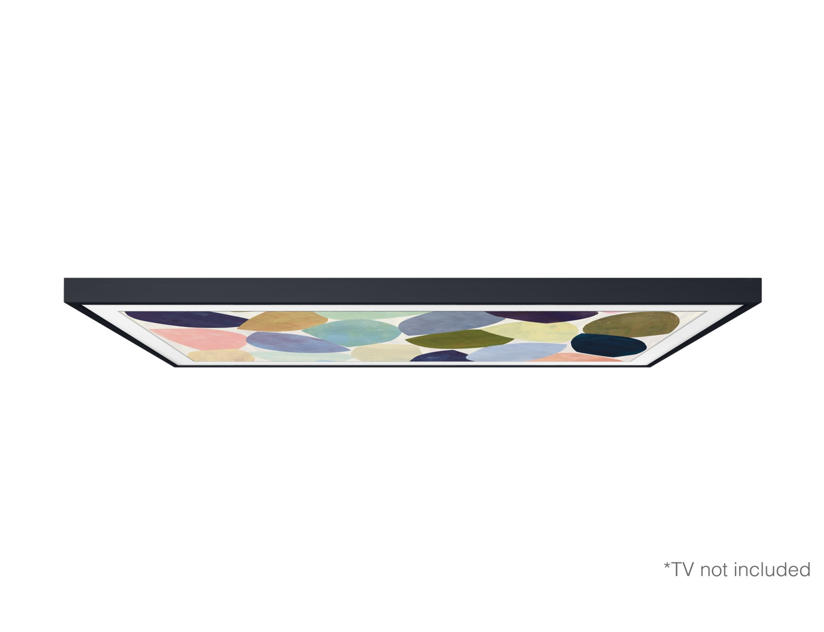 Un cadre rectangulaire de couleur sombre, peut-être pour un téléviseur, avec une œuvre d'art abstraite colorée à l'intérieur.