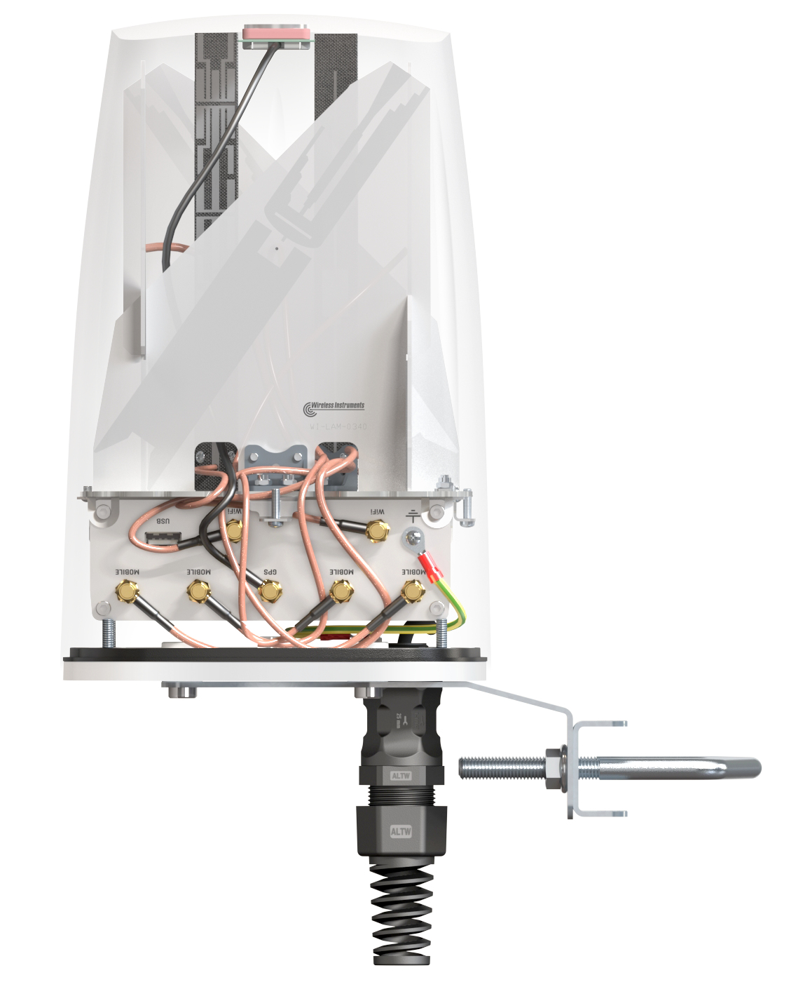 Biała antena z osprzętem połączeniowym. Widoczne przewody w środku.