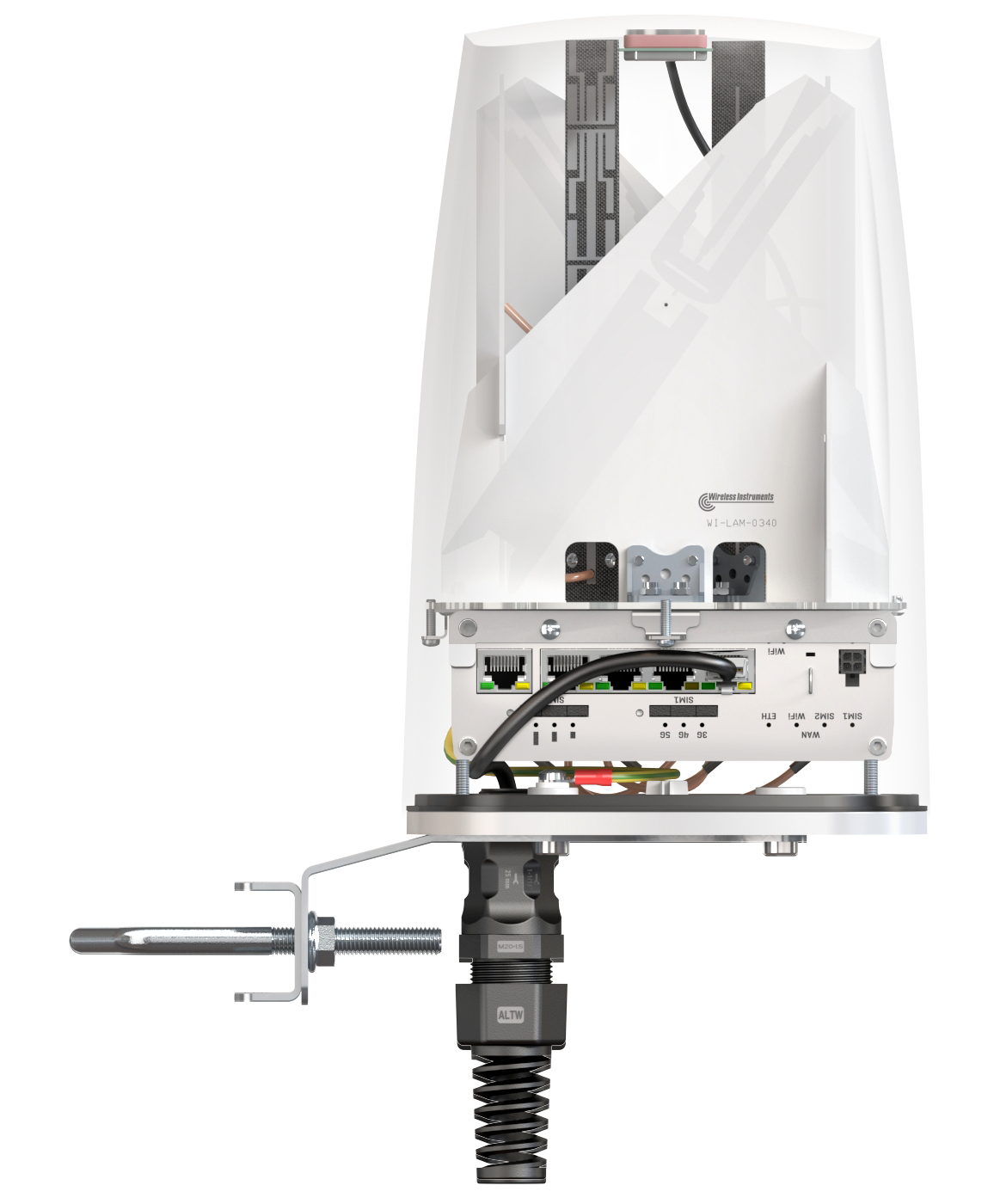 Biała, cylindryczna antena z przezroczystym wierzchem, zamontowana za pomocą wspornika i połączeń kablowych u podstawy.