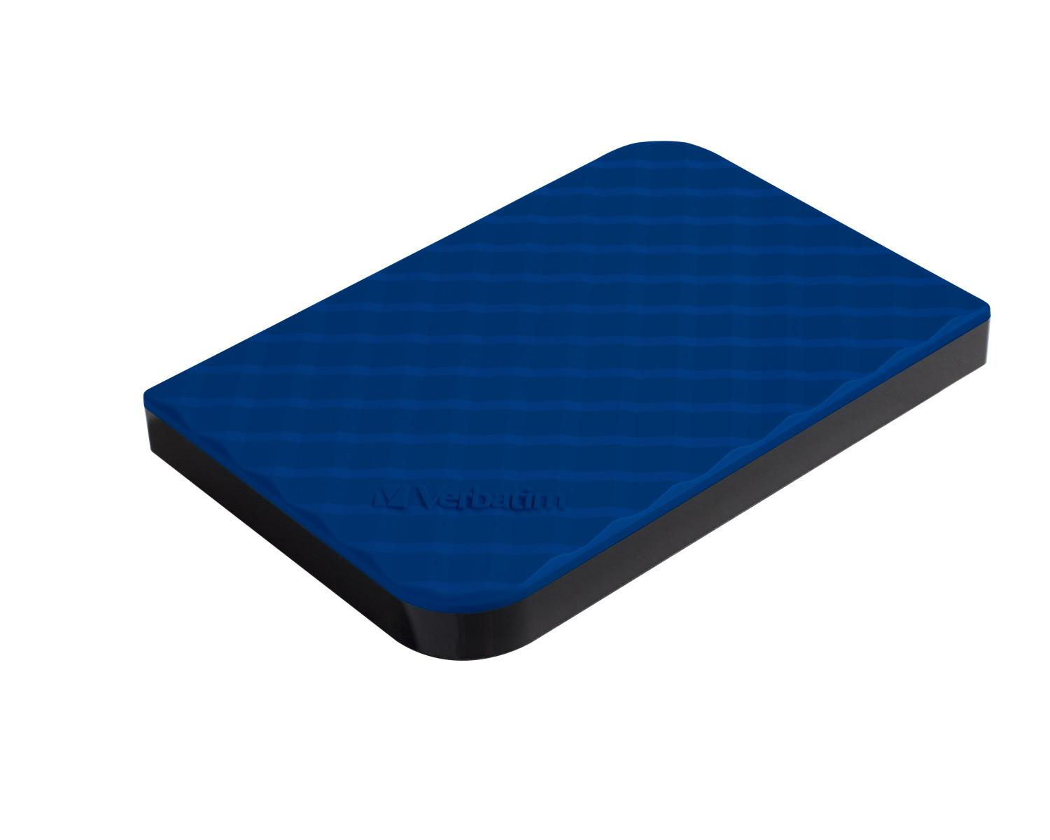 Disque dur externe Verbatim bleu, bleu foncé avec un motif texturé et une bordure noire.
