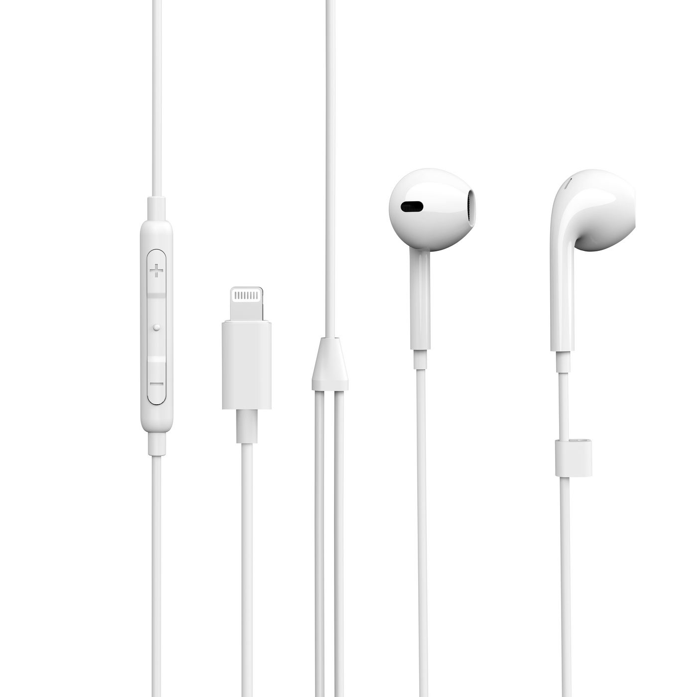 Auricolari bianchi Apple con un'unità di controllo e connettore Lightning.