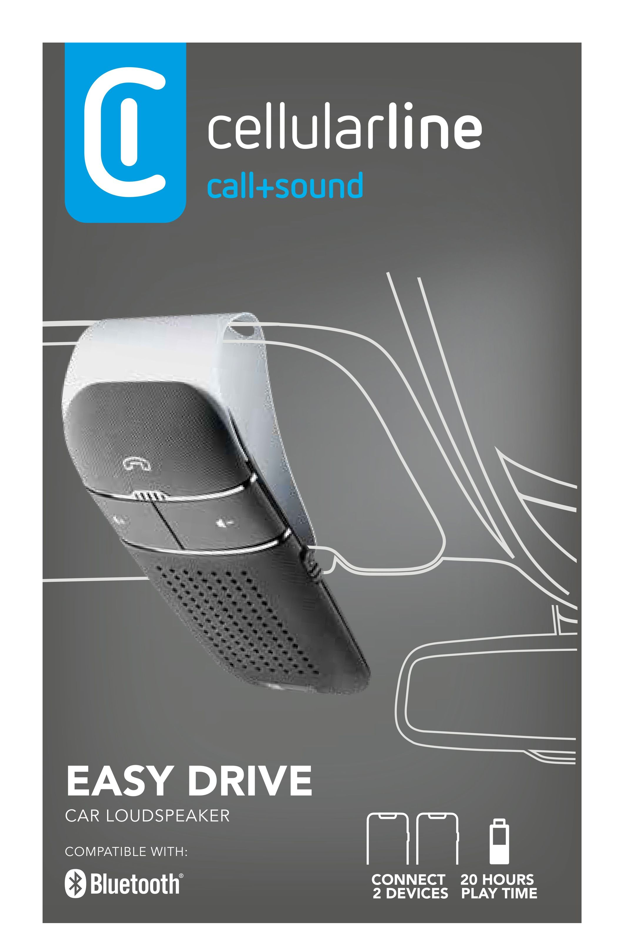 Cellularline Auto-Lautsprecher, mit Telefon- und Auto-Illustrationen, auf grauem Hintergrund.