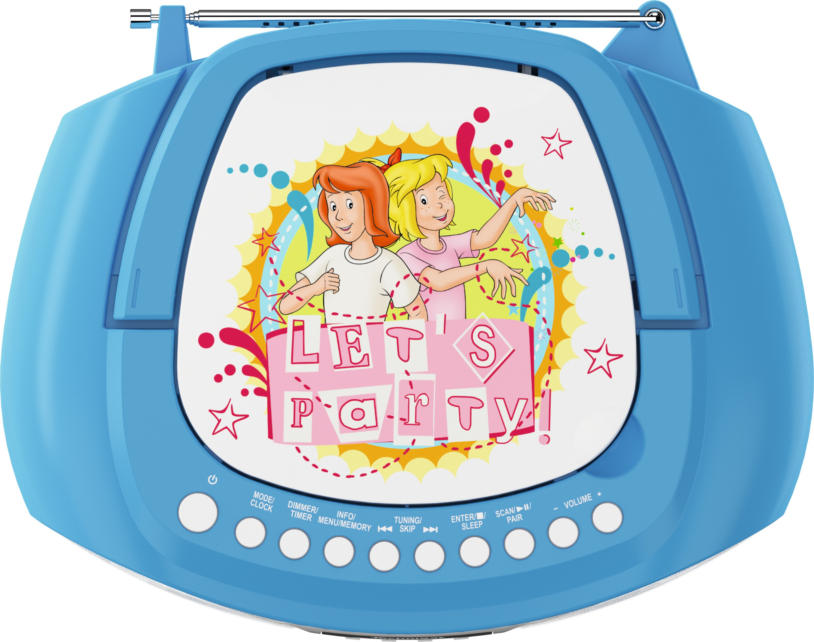 Una radio blu con uno schermo che mostra due ragazze dei cartoni animati e 'LET'S PARTY'.