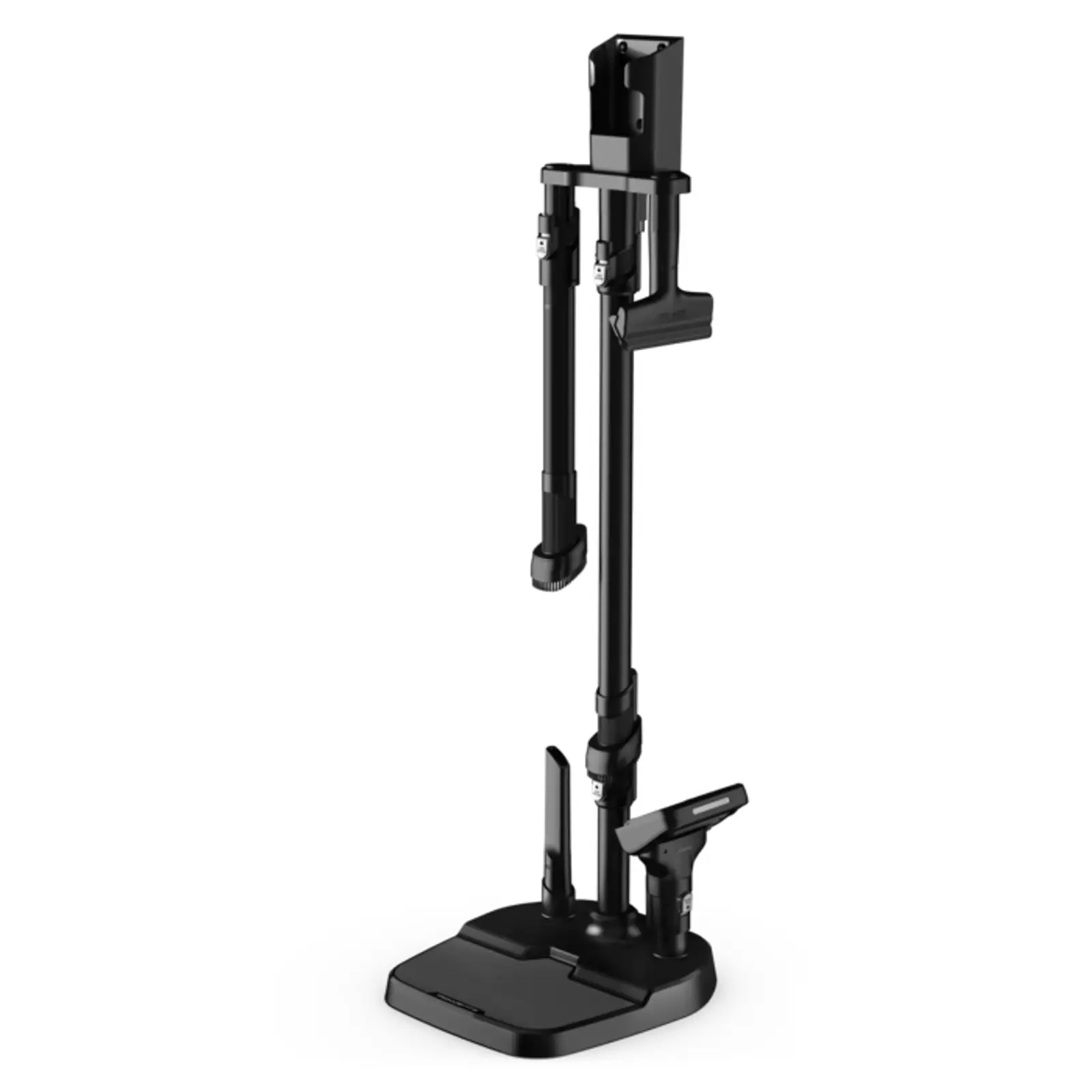 Czarny stojak do odkurzacza z akcesoriami. Widoczne są różne narzędzia i podstawa.