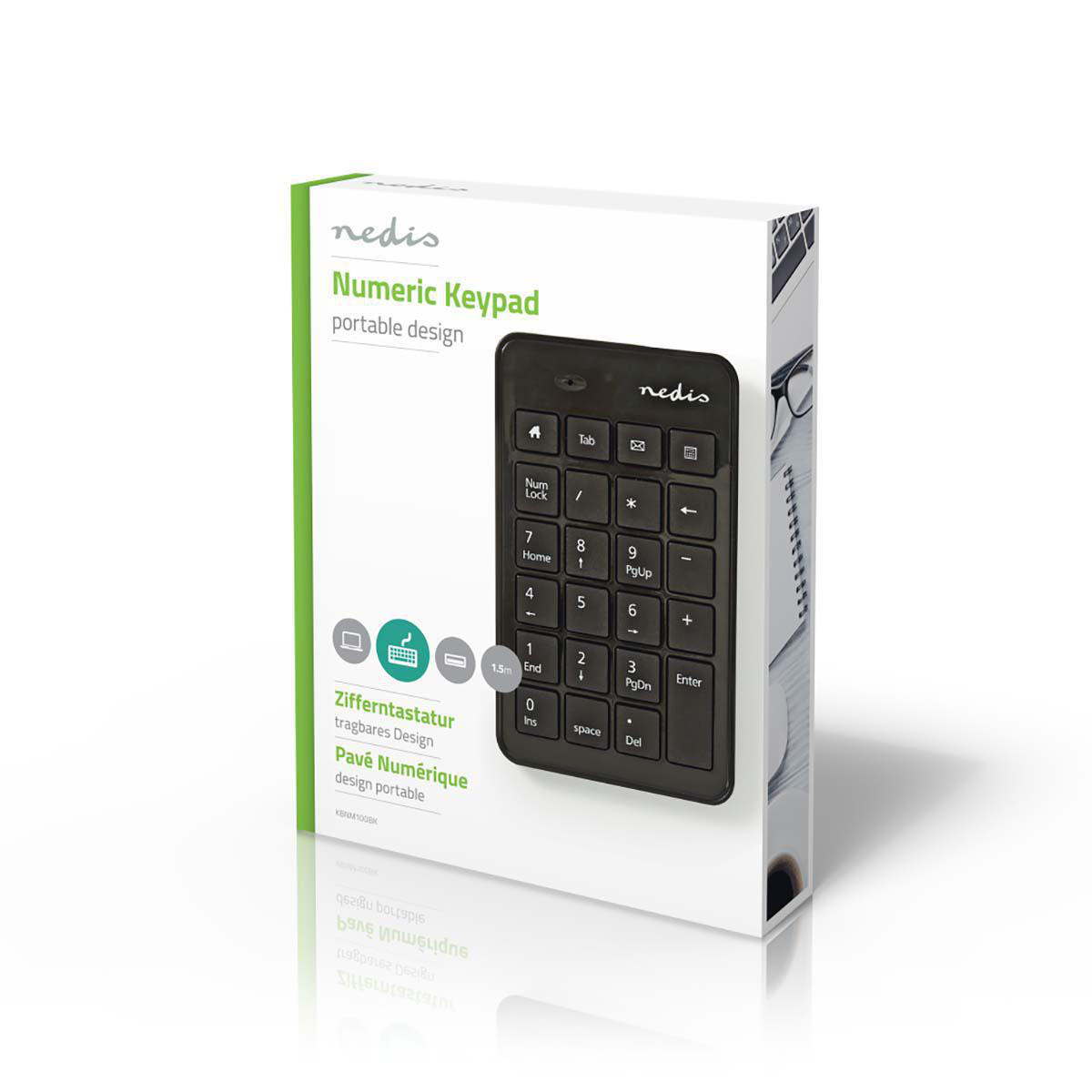 Schwarzer numerischer Ziffernblock in einer weißen Box, mit Tastaturlayout und Markenname.