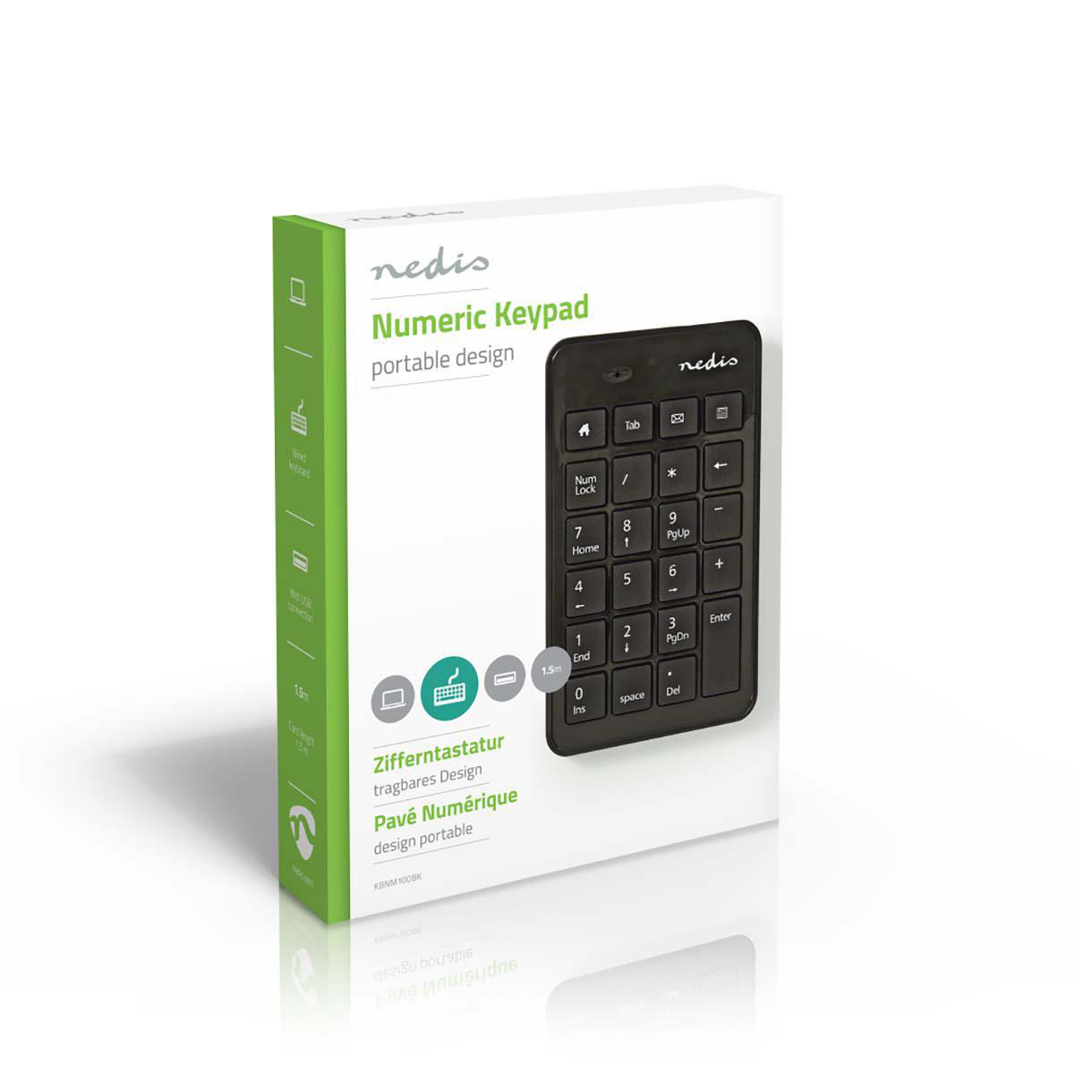Schwarzer numerischer Tastenblock in einer weißen Box. Text: Numeric Keypad, tragbares Design.
