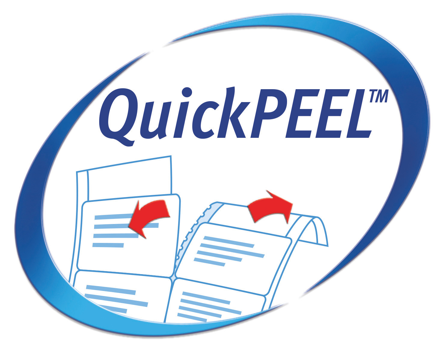 Weißer Hintergrund mit blauem Oval, das den Text 'QuickPEEL' und Grafiken von sich ablösenden Etiketten enthält.