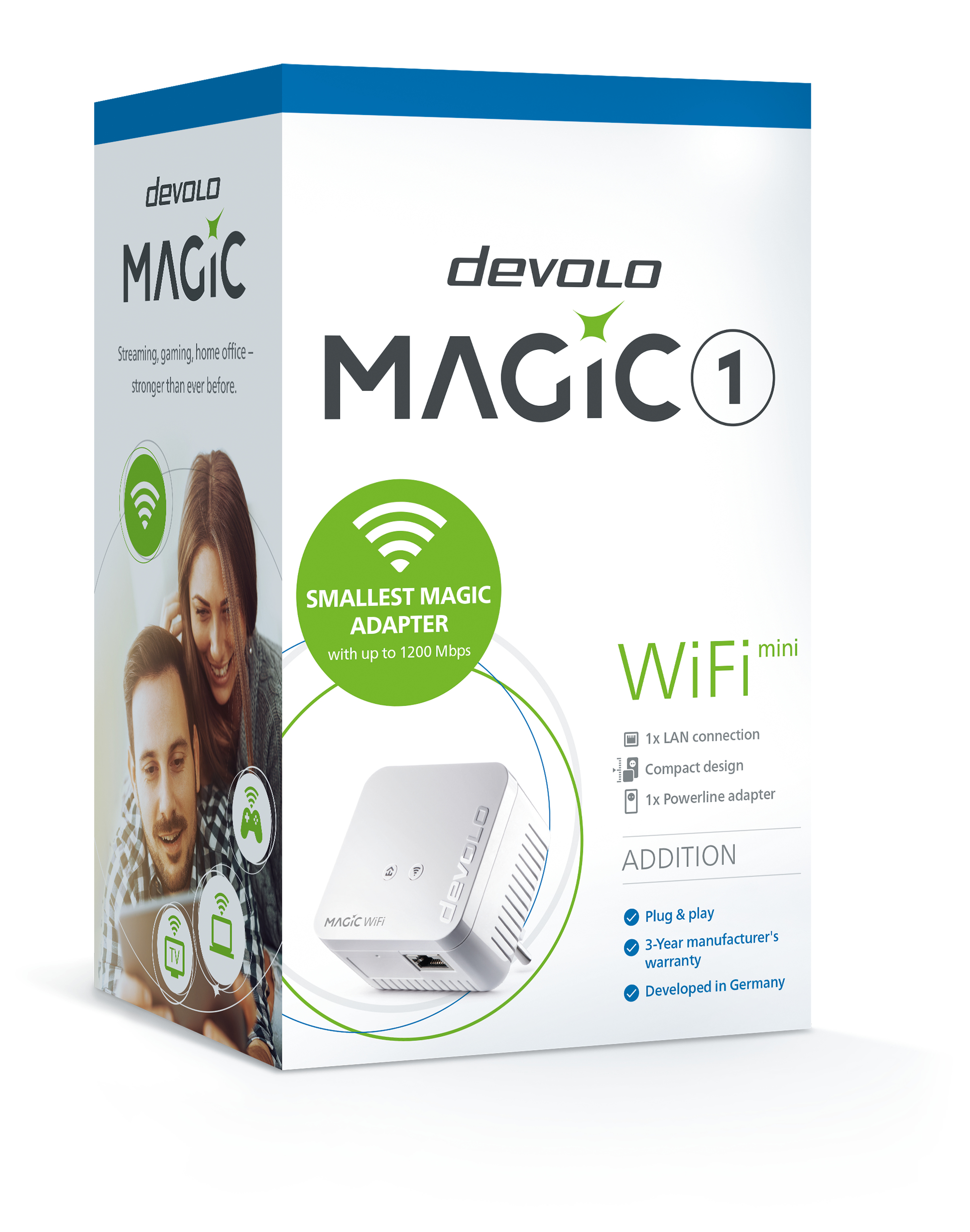 Pudełko Devolo Magic 1 WiFi mini. Pudełko pokazuje ludzi, urządzenie i funkcje.
