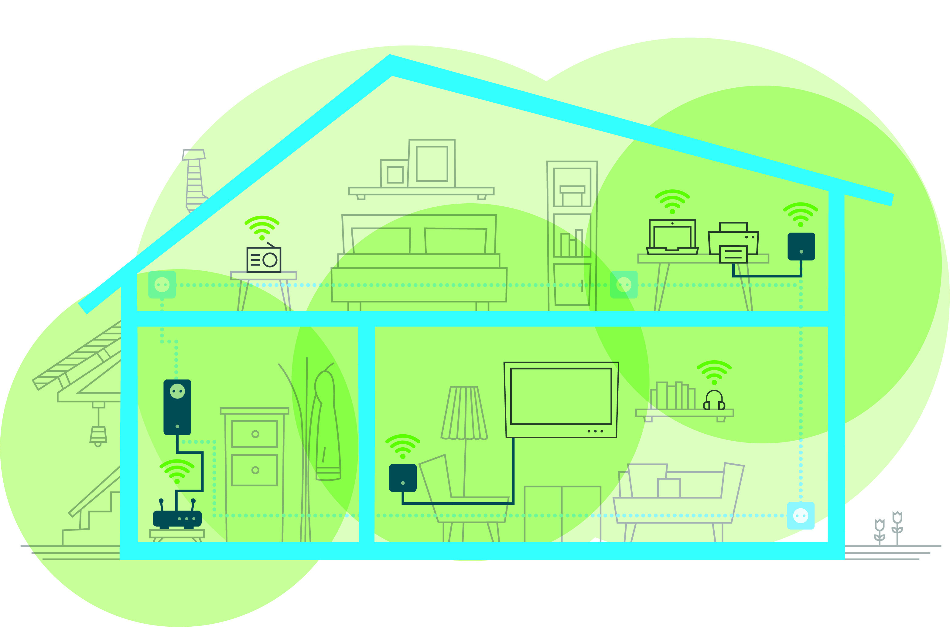 Ilustracja wnętrza domu z sygnałami Wi-Fi. Widoczne różne urządzenia elektroniczne.