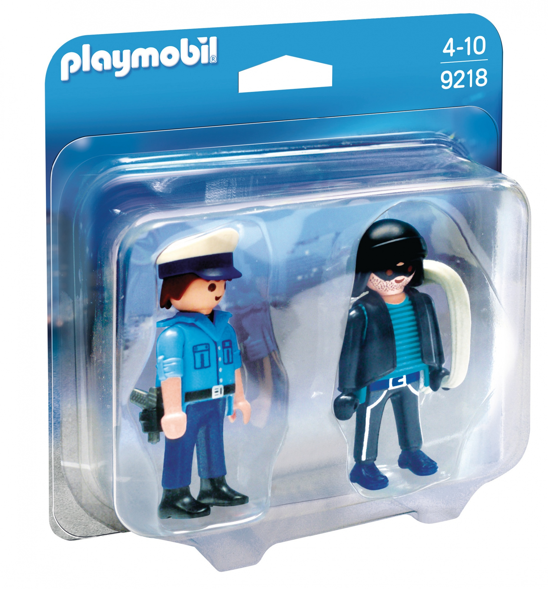 Zestaw Playmobil z policjantem i zamaskowanym włamywaczem w przezroczystym opakowaniu.
