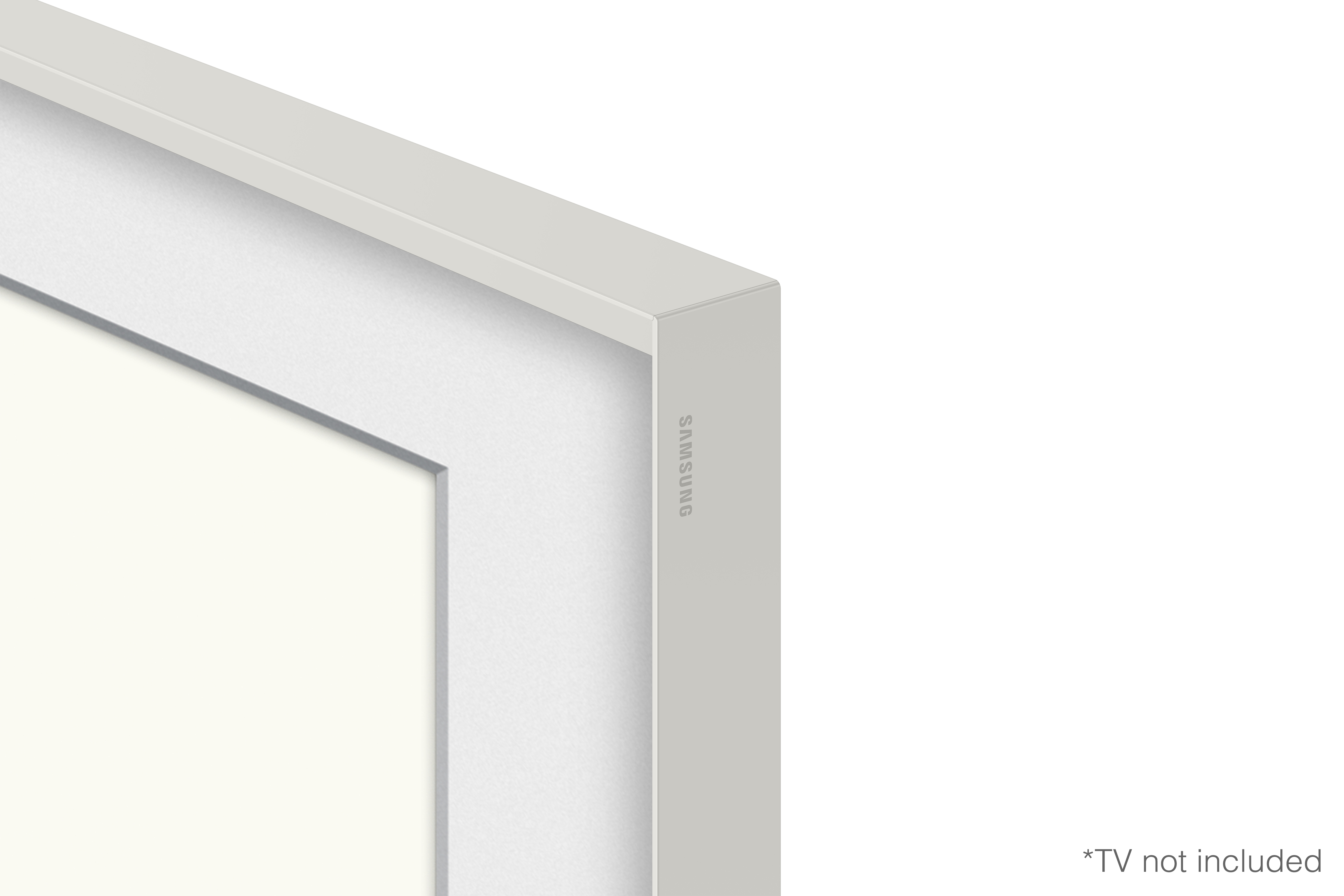 Primer plano de un marco blanco de Samsung. El marco es blanco con el logotipo de Samsung en el lateral.