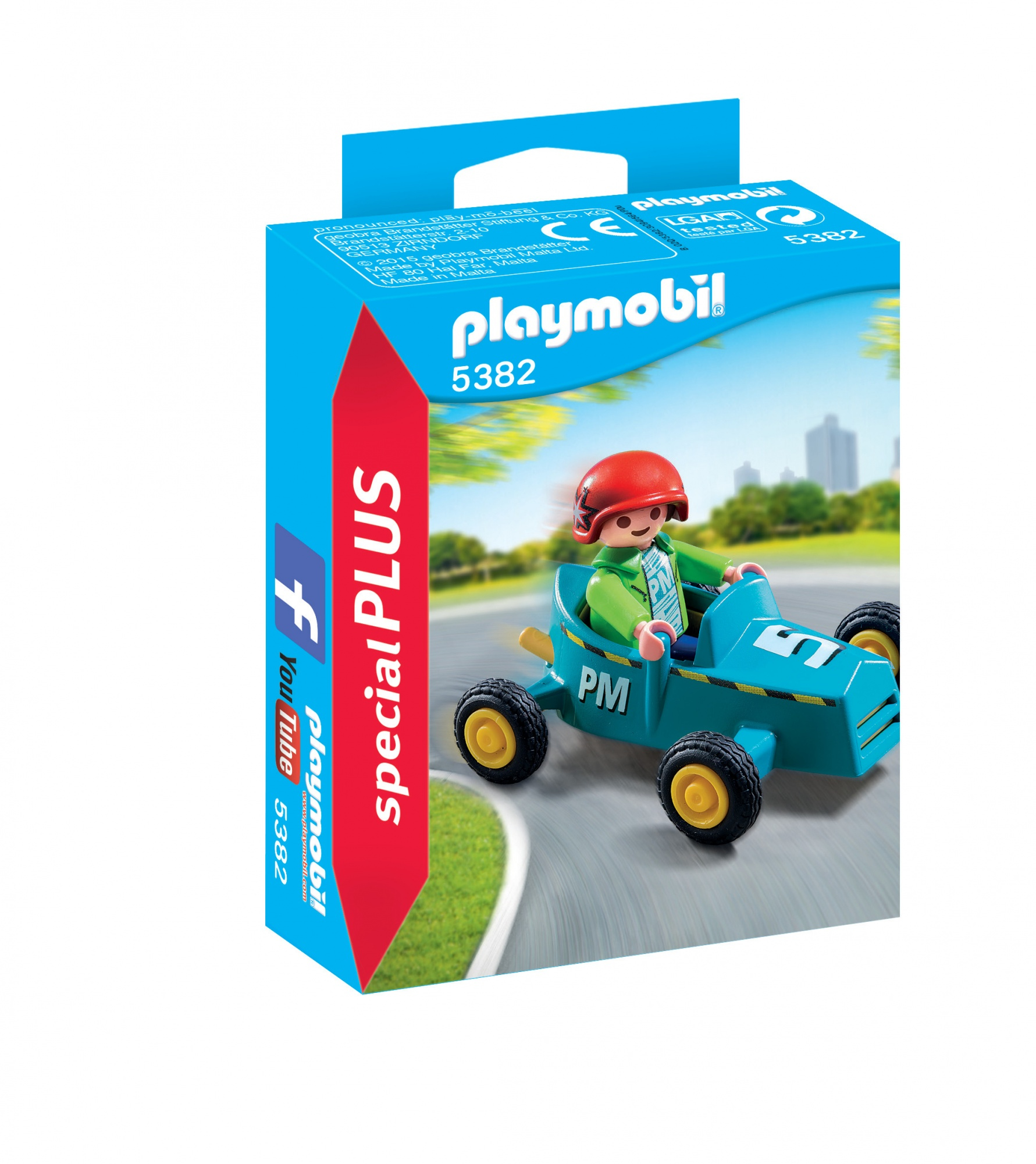 Pudełko Playmobil z figurką w samochodzie wyścigowym. Pudełko jest niebiesko-czerwone.