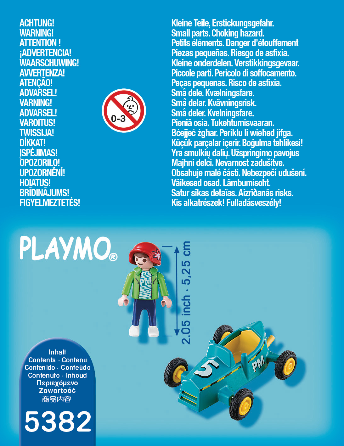 Figurka Playmobil i turkusowy bolid z numerem 5. Ostrzeżenia w tle.