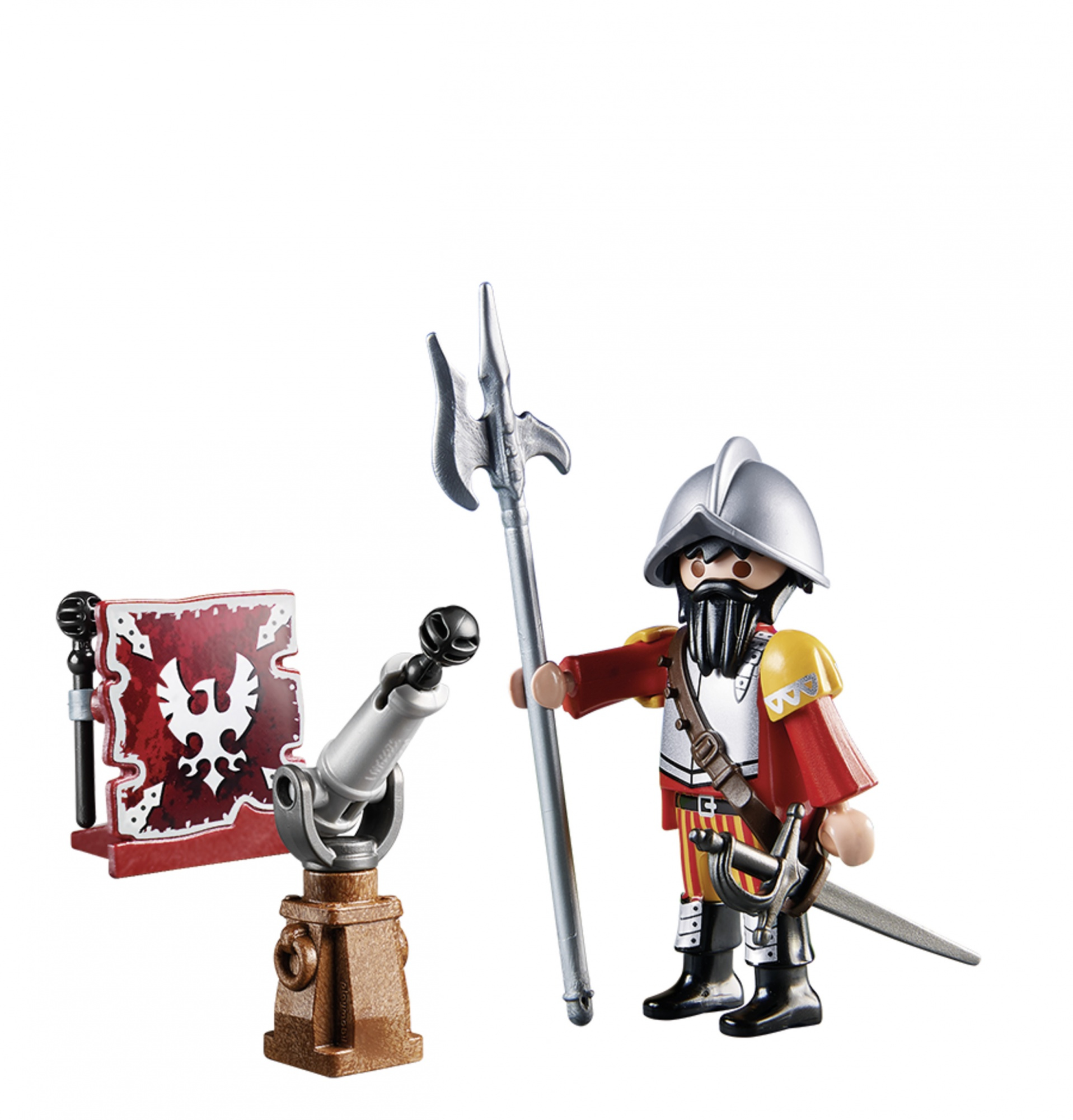 Eine Playmobil-Figur eines Soldaten mit Kanone, Flagge und Speer.