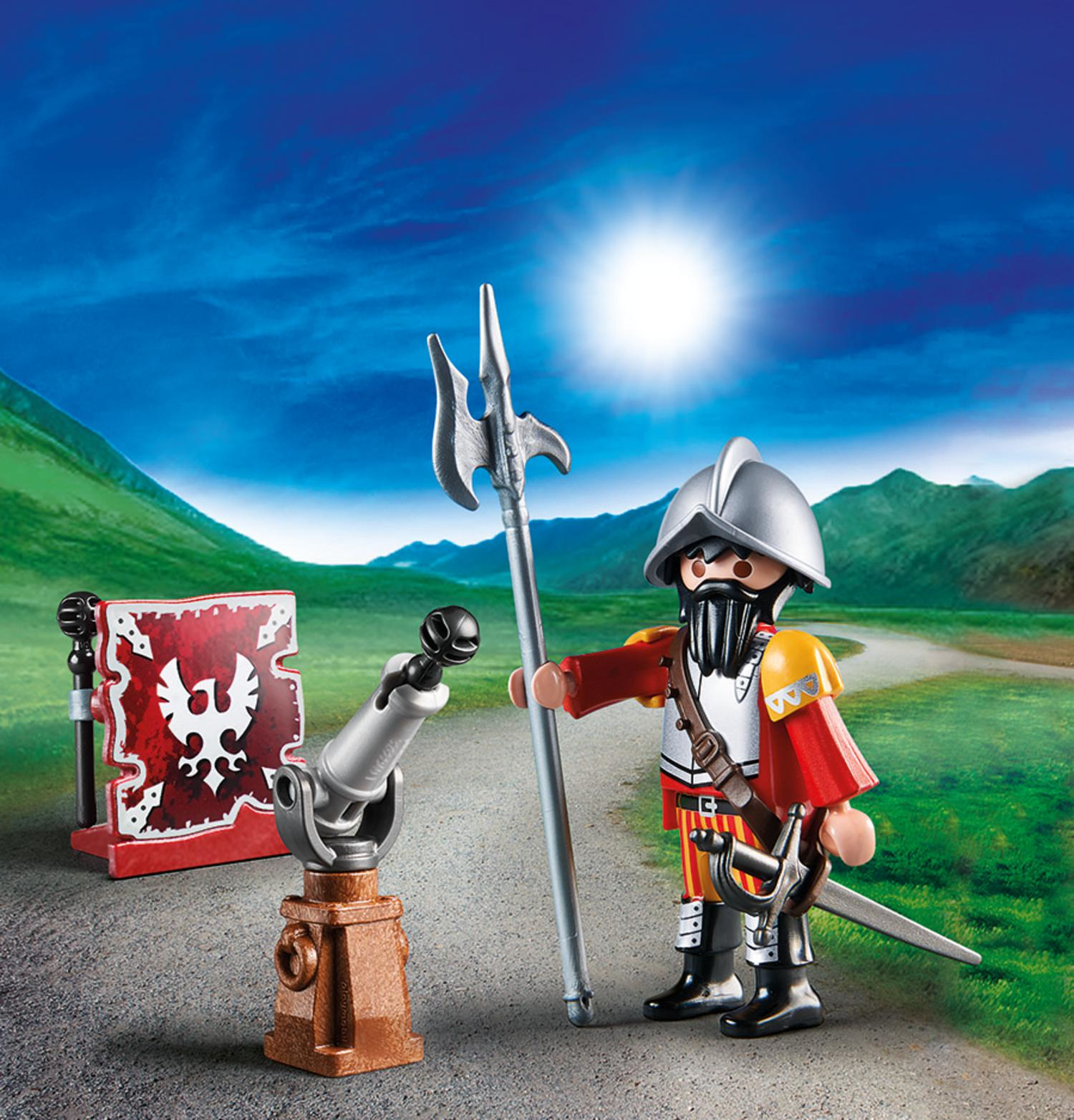Eine Playmobil-Figur eines Soldaten mit Kanone, Fahne und Speer.