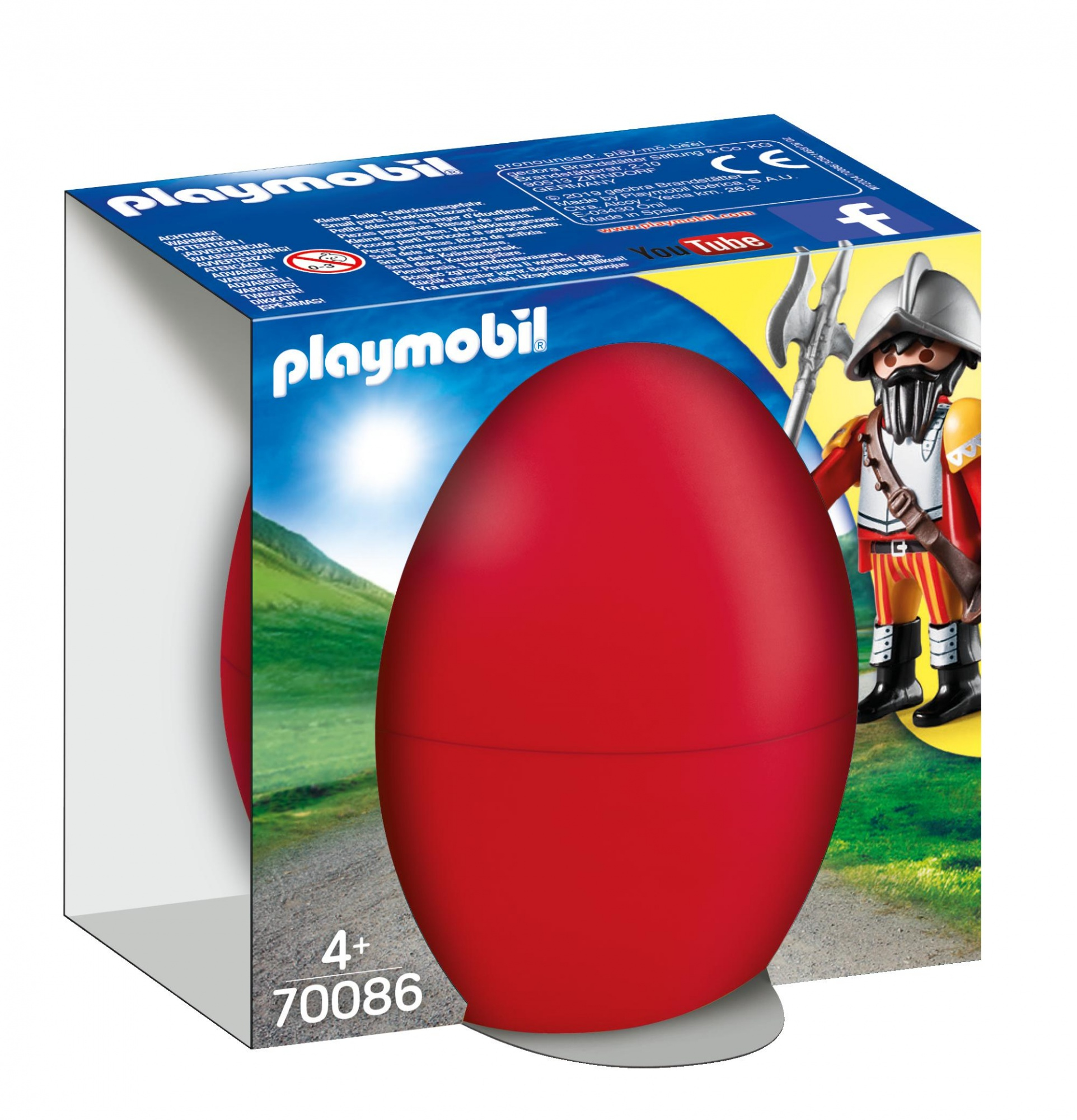 Rotes Playmobil-Ei-Spielzeug mit Box, die Ritterfigur zeigt. Weißer Hintergrund.