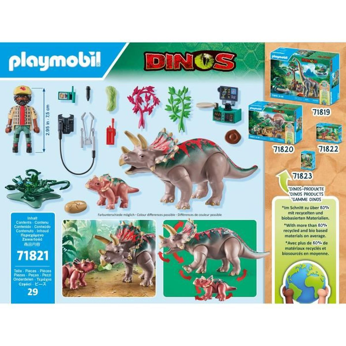 Zestaw Playmobil Dinozaury z figurkami, dinozaurami i akcesoriami, z różnymi pudełkami produktów.