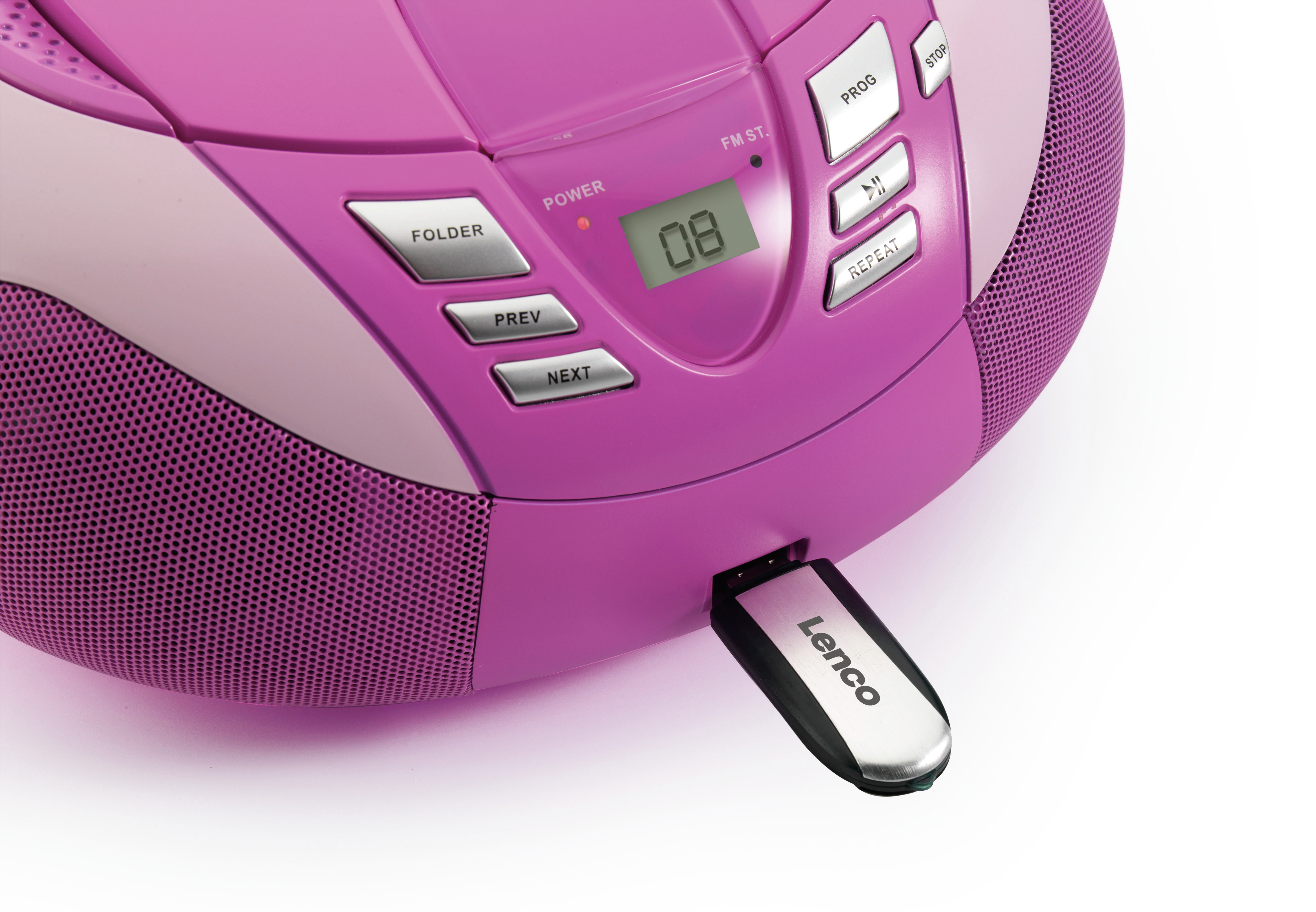 Rosa und lila Boombox mit eingestecktem USB-Stick. Tasten für Wiedergabe und Steuerung sind sichtbar.