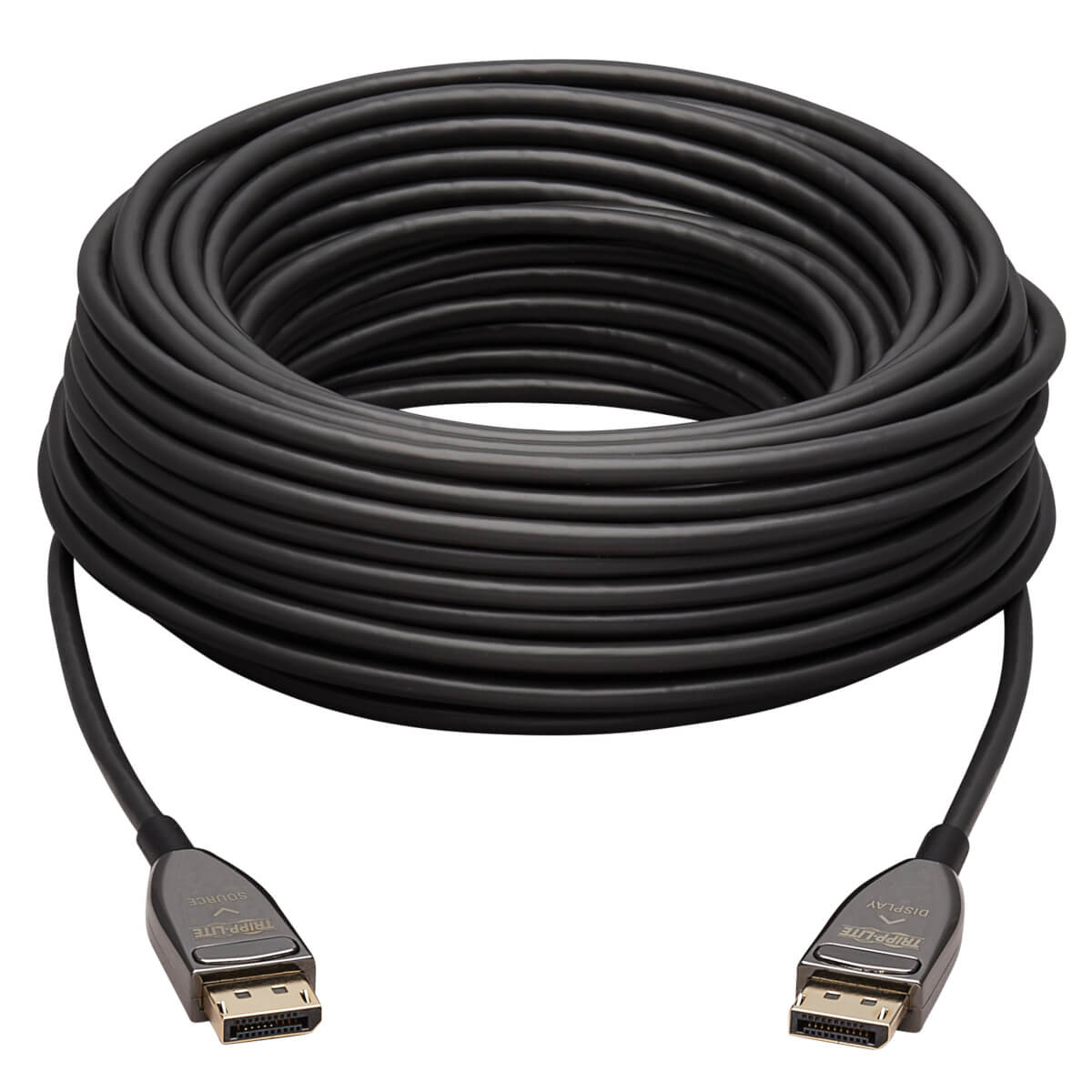 Zwinięty czarny kabel z dwoma złączami na końcach na białym tle.