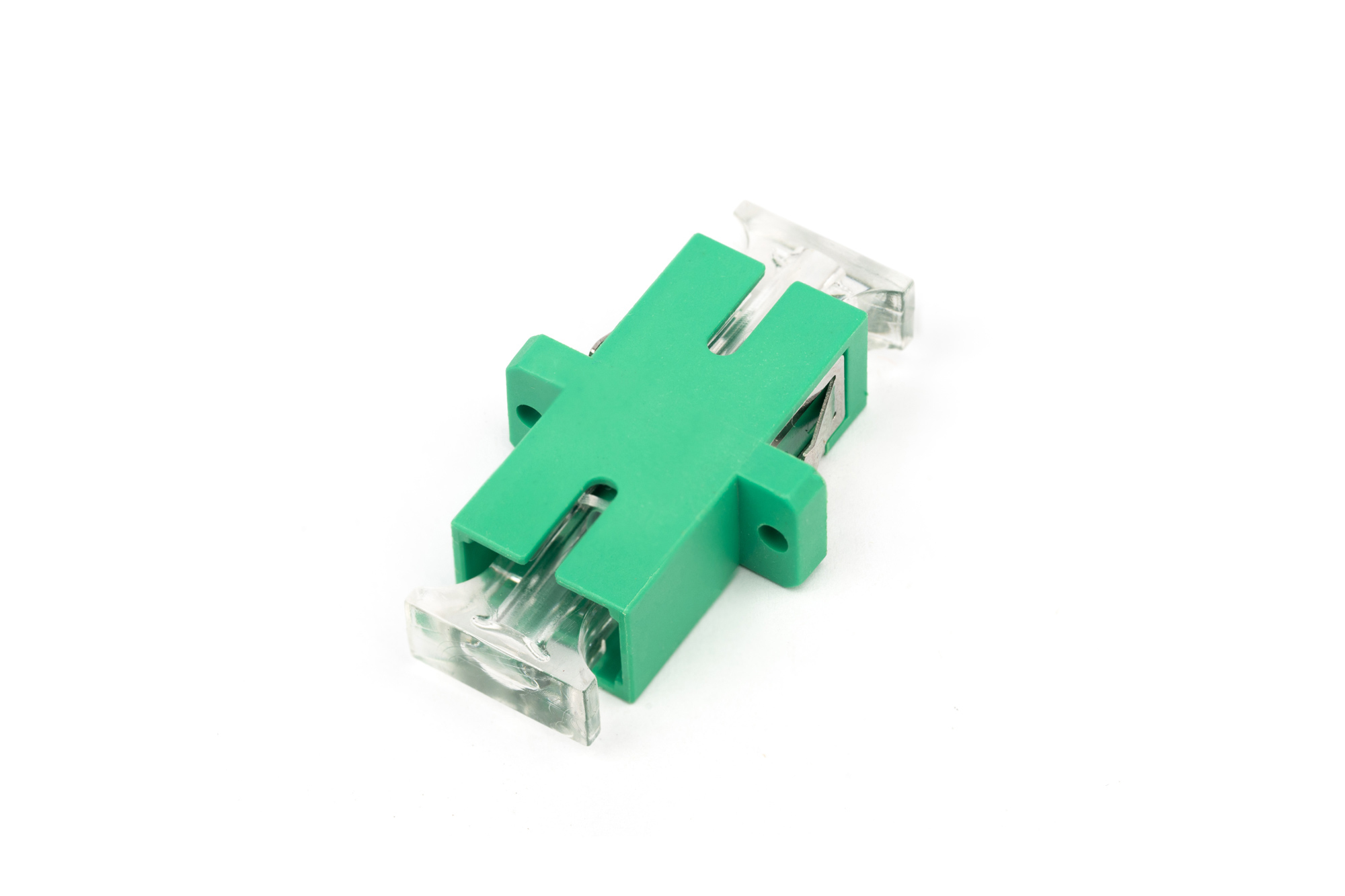 Adattatore per fibra ottica verde con connettori trasparenti.