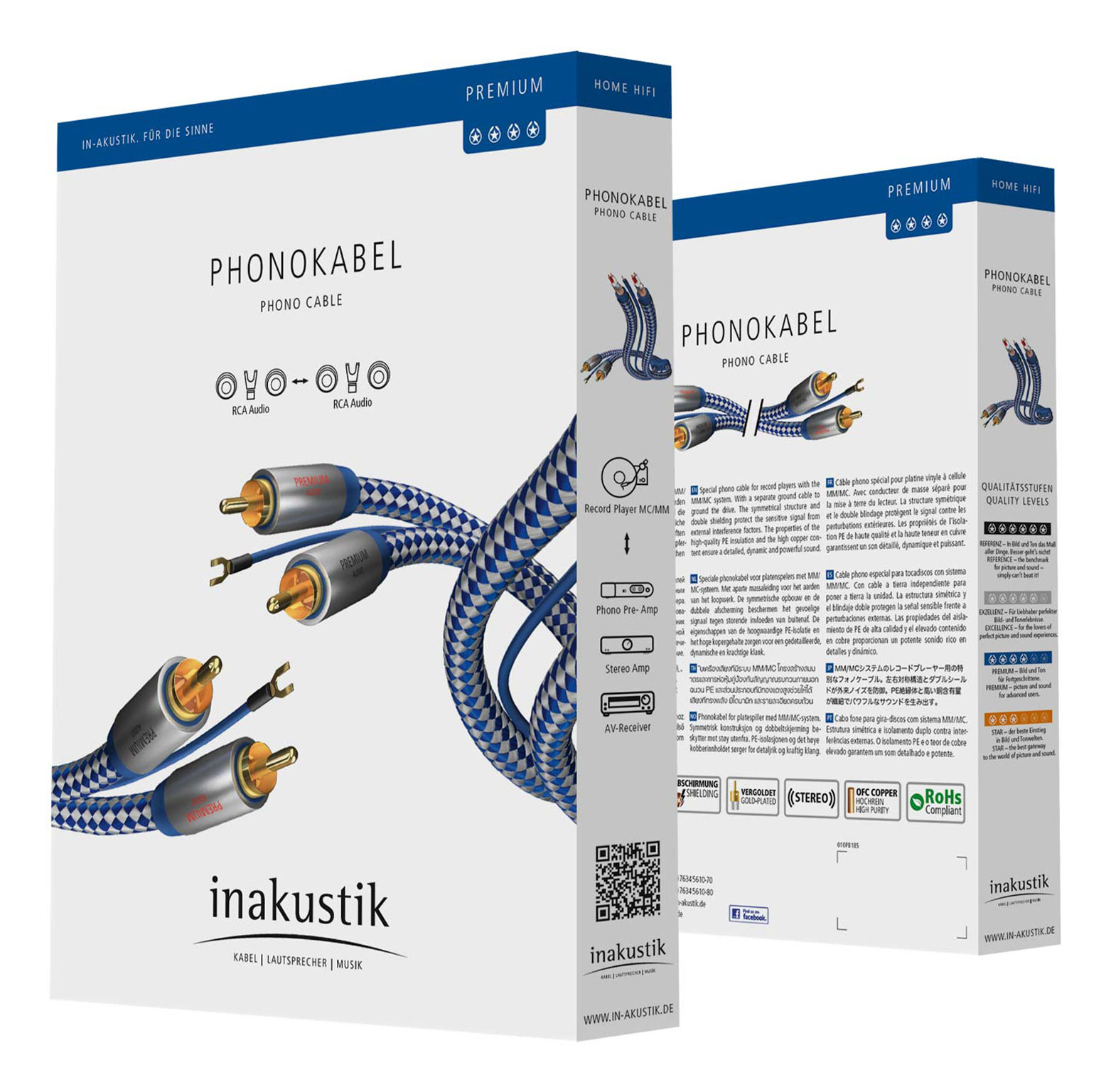 Phono cable packaging with cables, texts and logos.