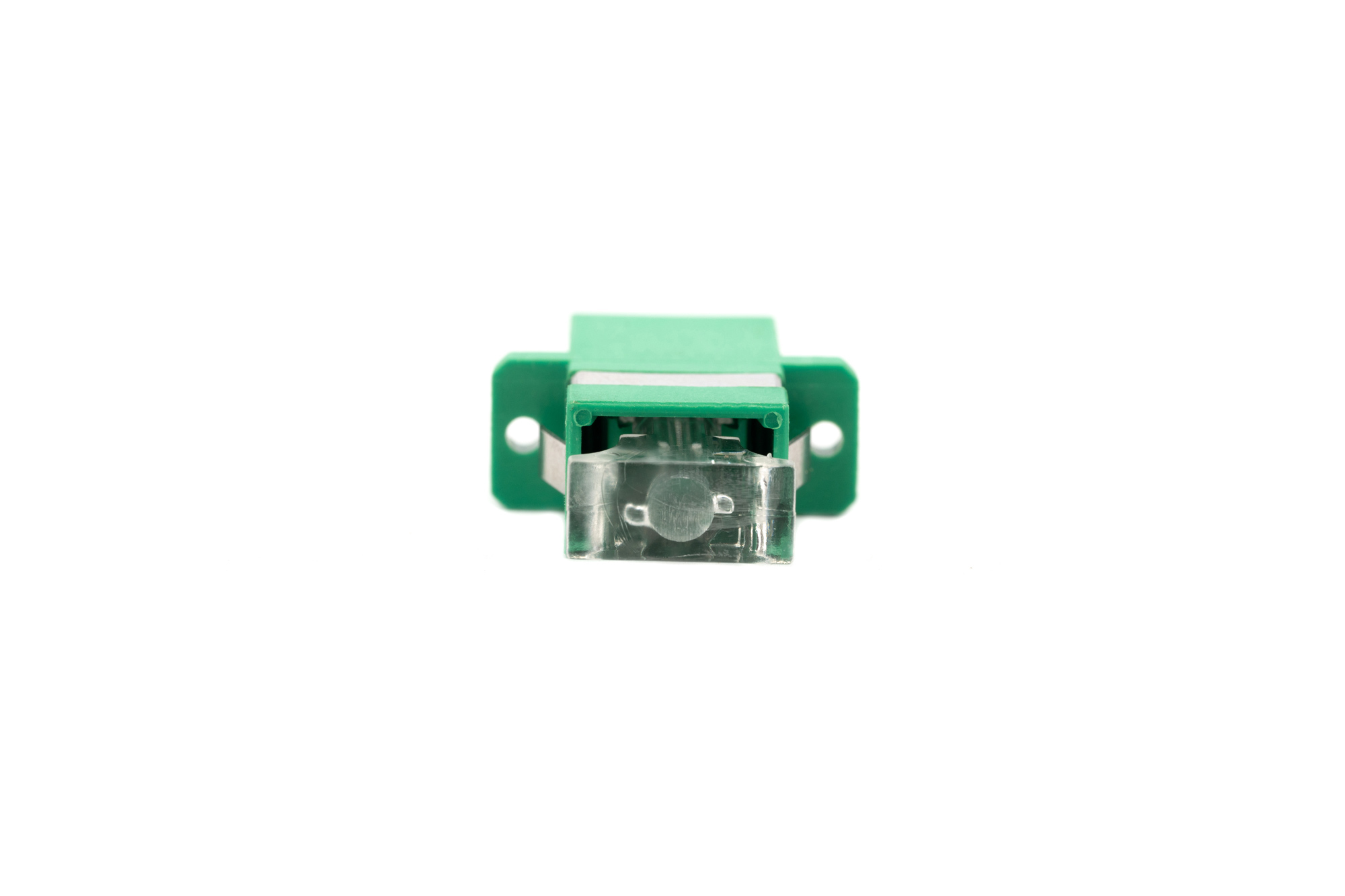 Adattatore per fibra ottica verde con connettori trasparenti.