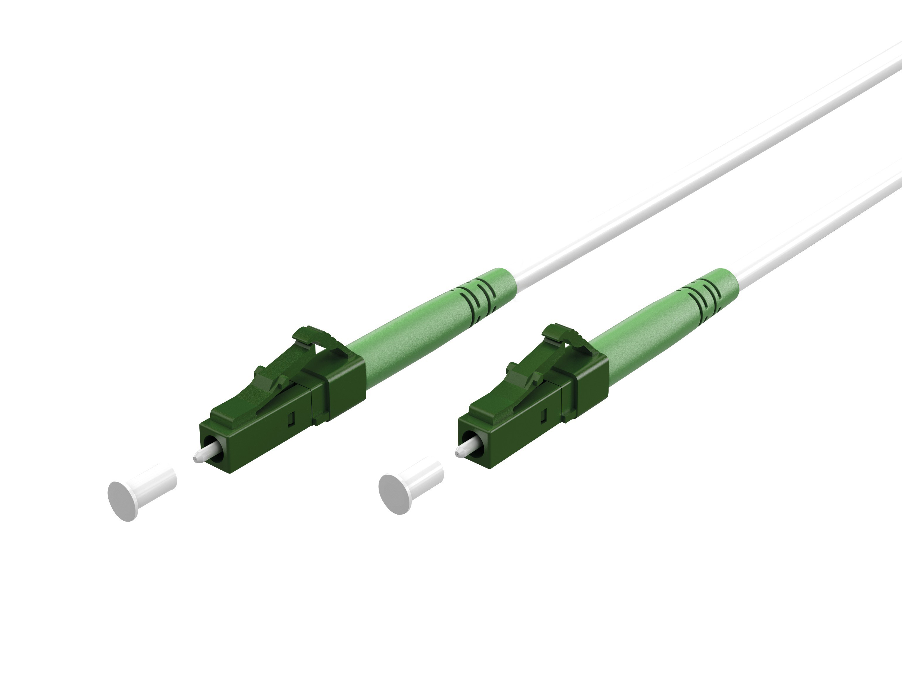 Due cavi in fibra ottica bianchi con connettori verdi, sfondo bianco.