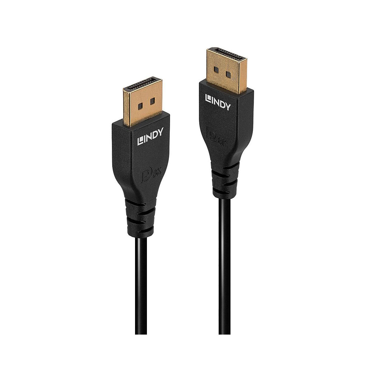 Deux câbles DisplayPort noirs avec connecteurs dorés, marque LINDY.