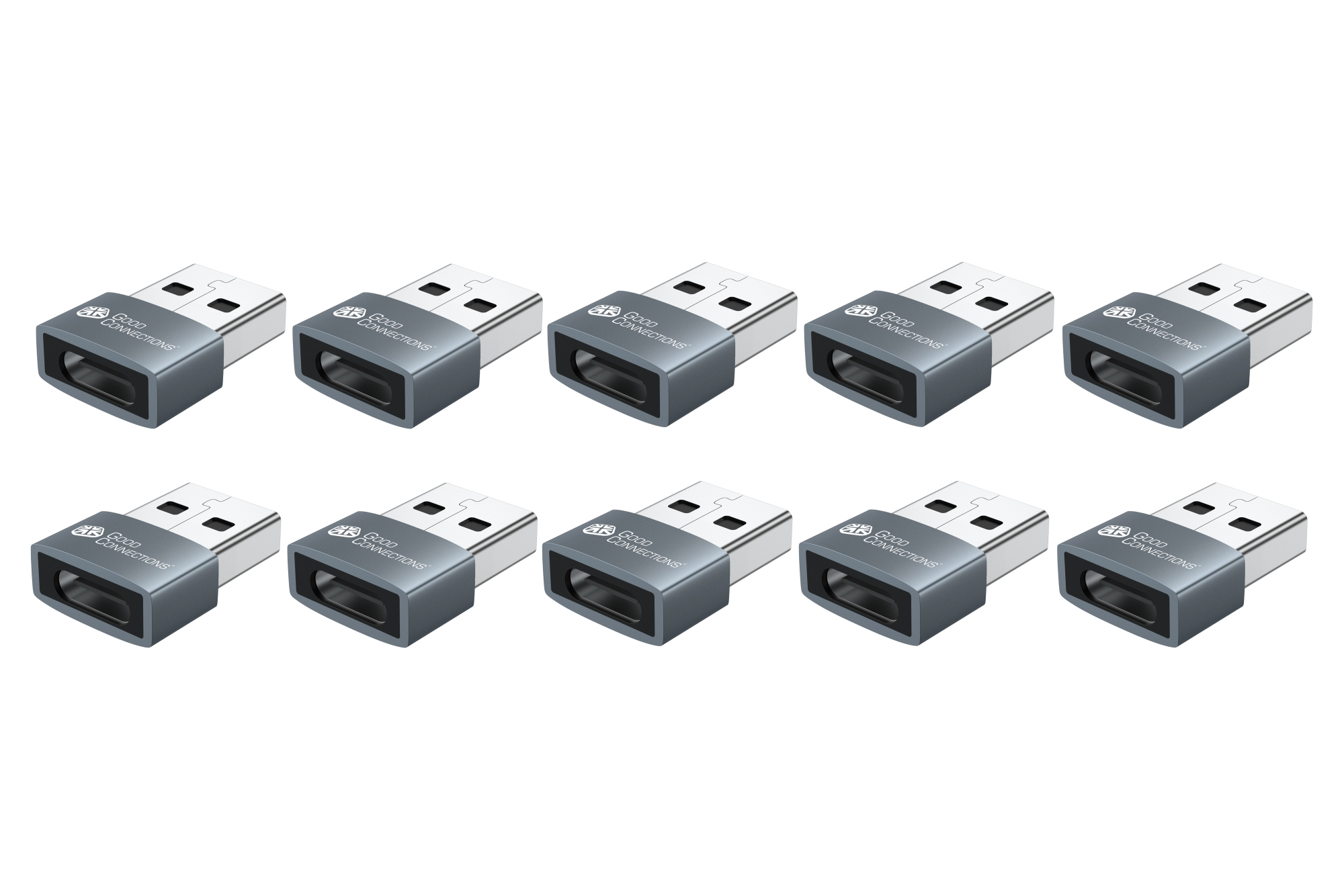 Dieci chiavette USB grigie, con logo argentato, su sfondo bianco.