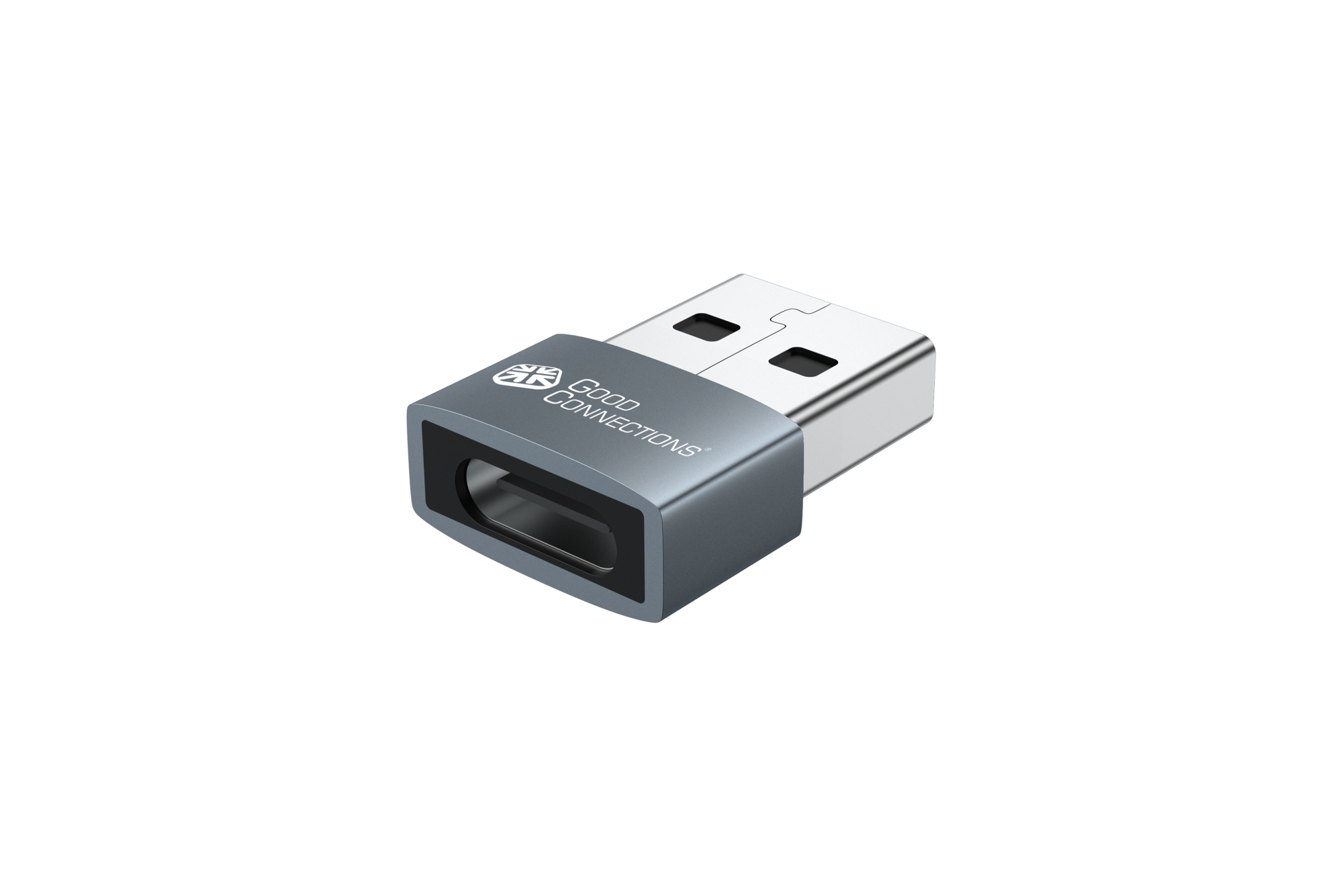 Adattatore da USB-C a USB argentato. Marchio Good Connections. Sfondo bianco.
