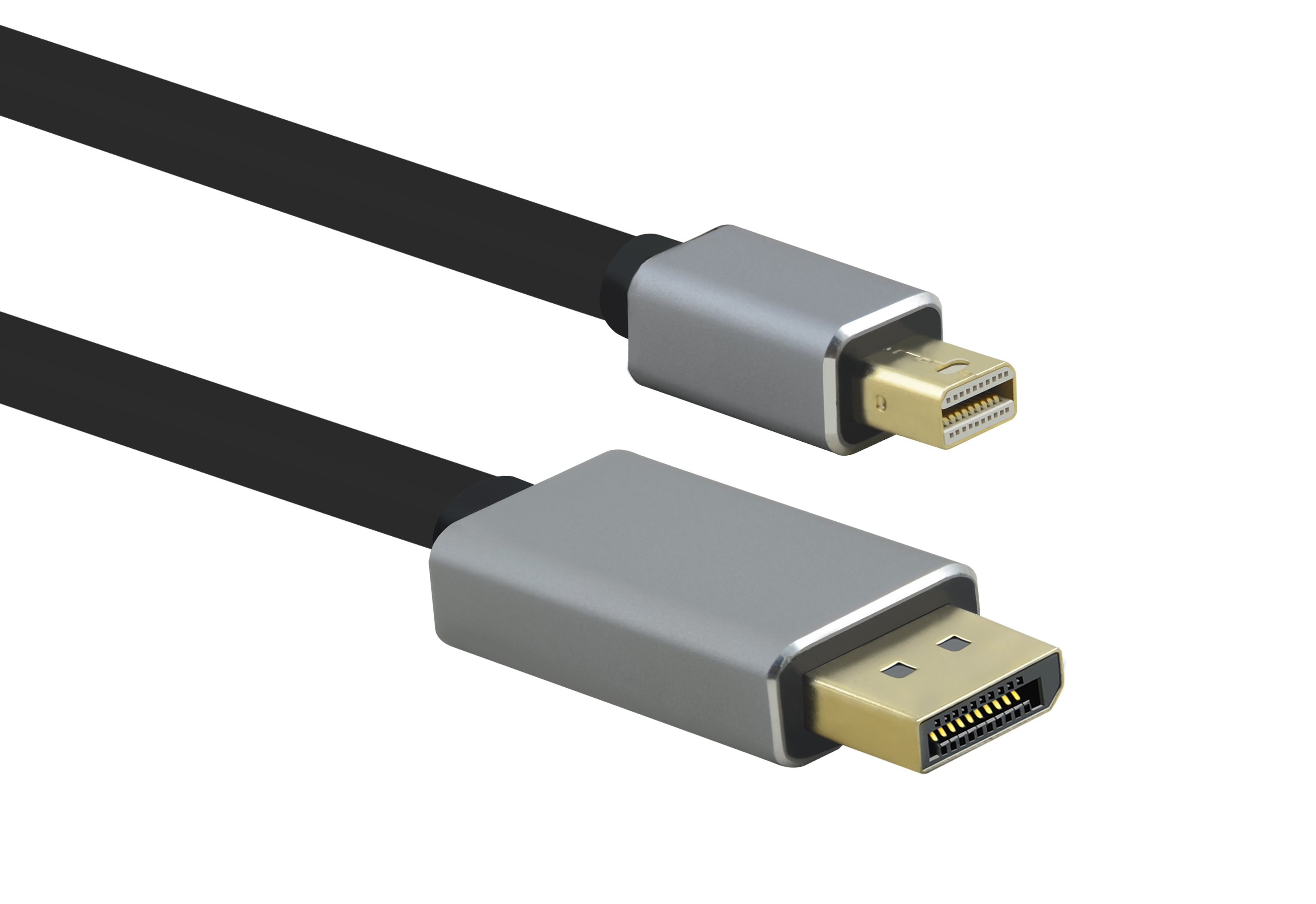 Cavo nero con connettori argentati, un mini DisplayPort e un connettore DisplayPort, sfondo bianco.