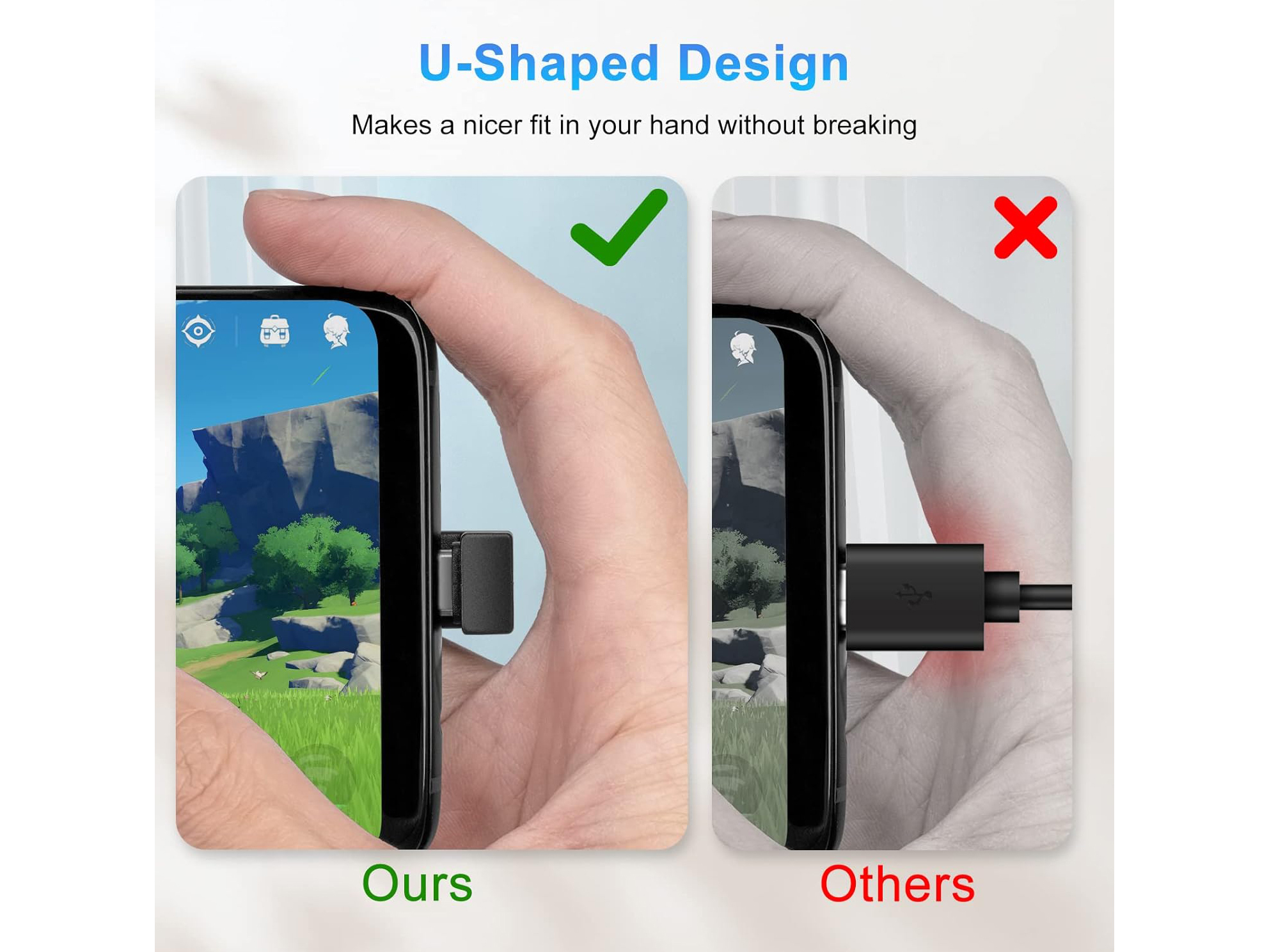 Imagen muestra un teléfono cargando con un conector en forma de U; texto indica su diseño.