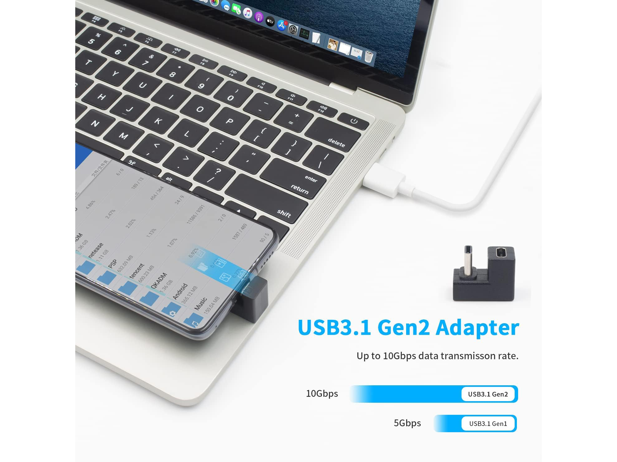 Adaptador USB3.1 Gen2 conectado a portátil y teléfono. Texto en la imagen.