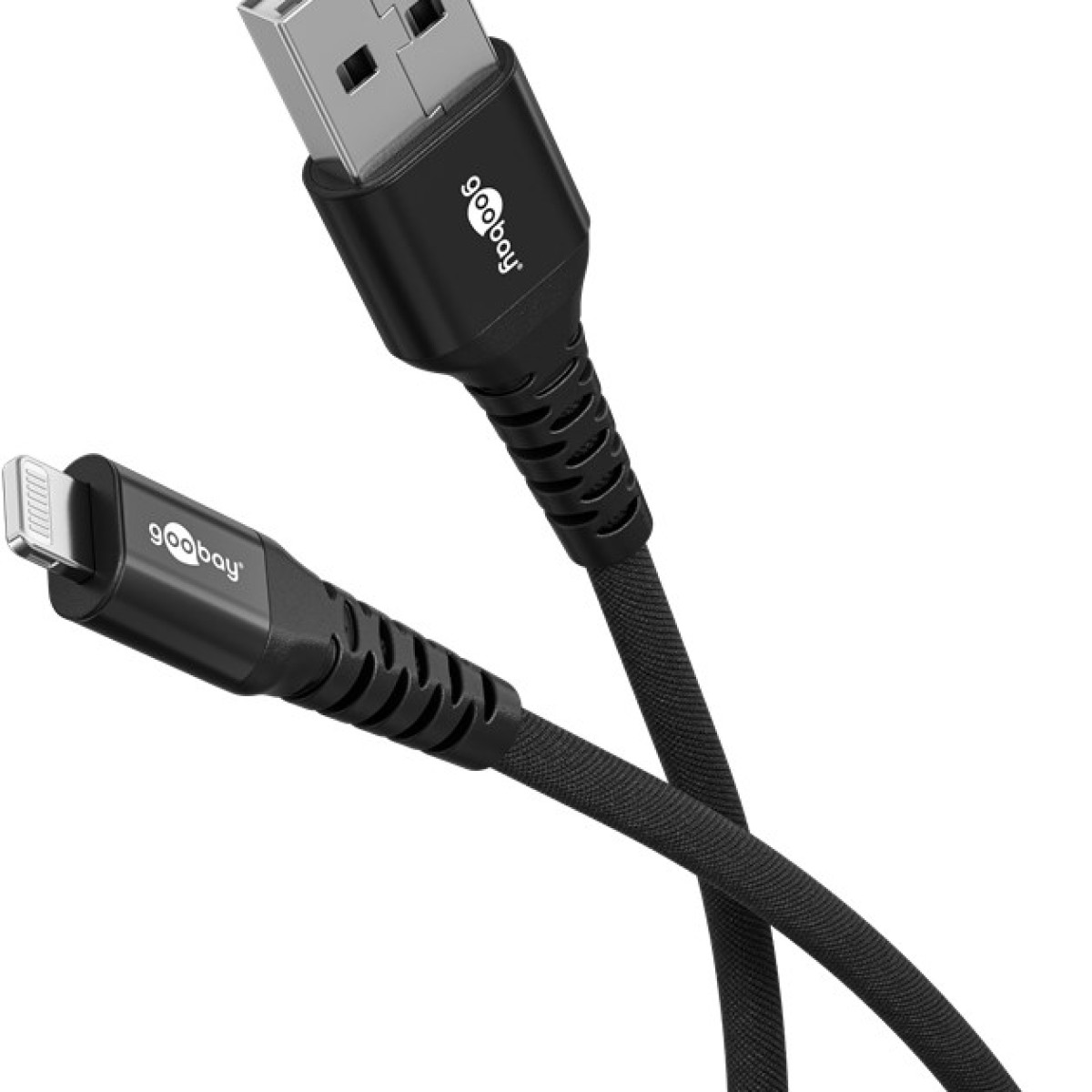 Cavo da USB a Lightning nero con un cavo nero strutturato.
