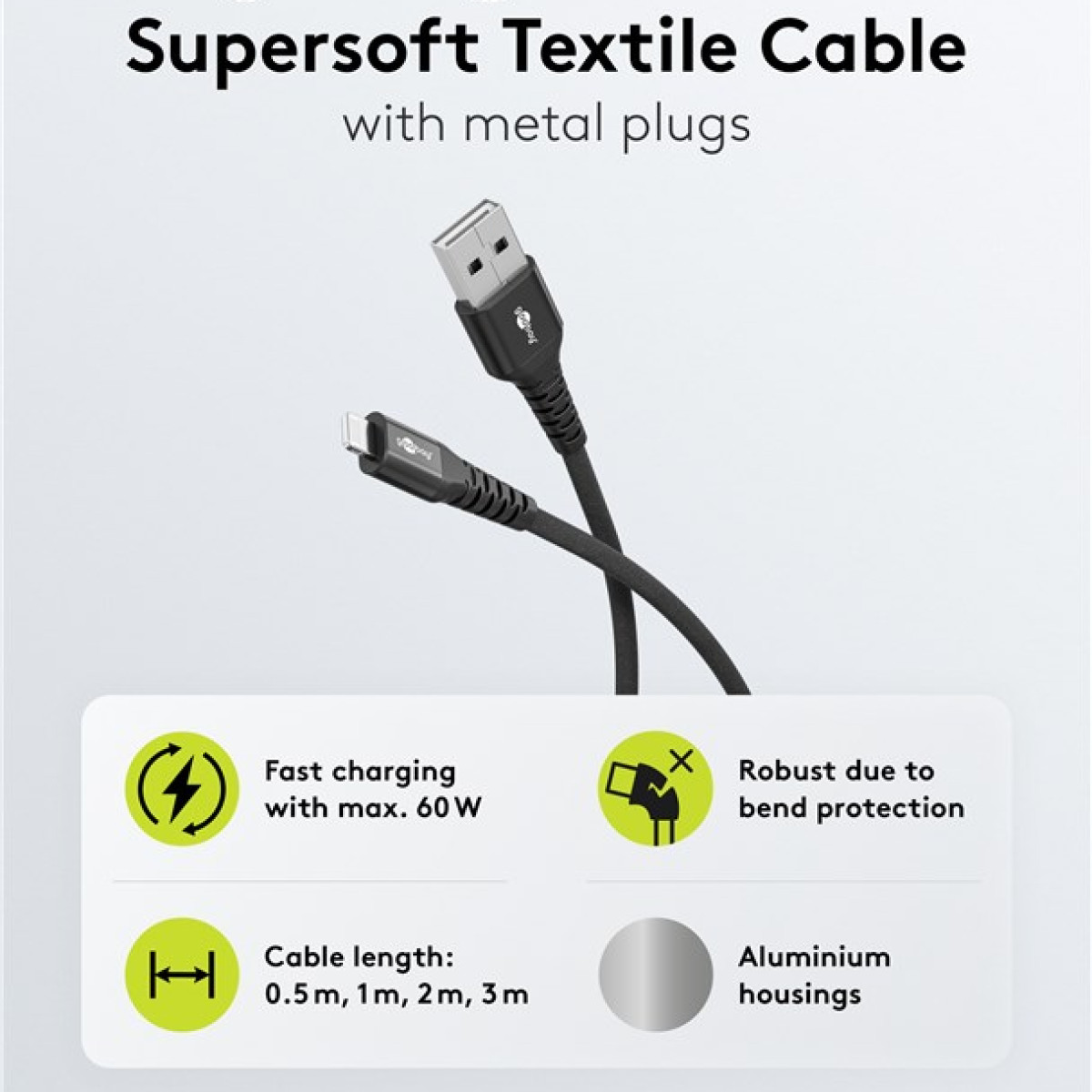 Cavo da USB a USB-C nero con testo. Ha ricarica rapida e protezione robusta dalle pieghe.