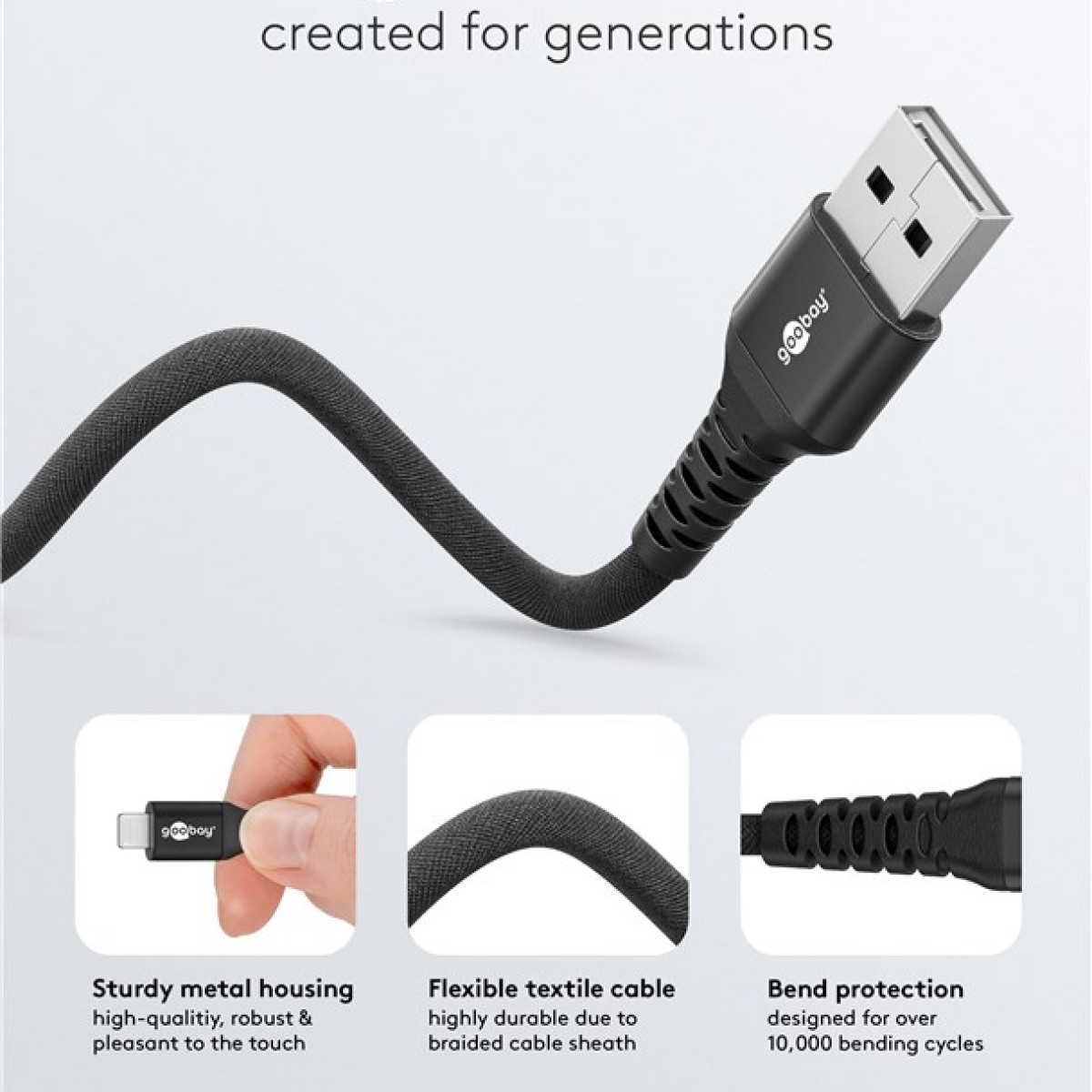 Cavo da USB-A a USB-C nero con testo: "geobay". Il cavo è su sfondo bianco.