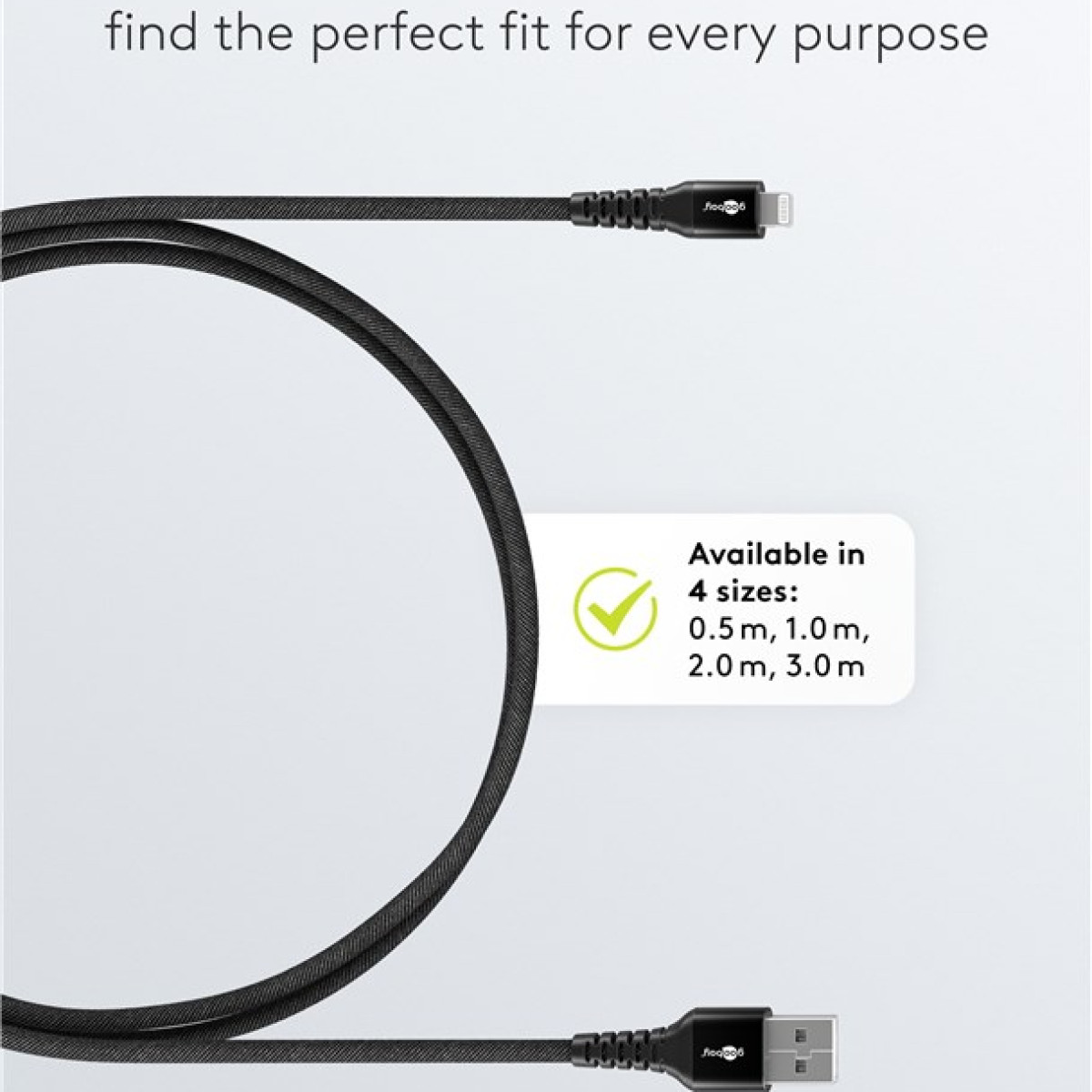 Cavo da USB a Lightning nero. Il cavo è disponibile in 4 misure: 0,5 m, 1,0 m, 2,0 m, 3,0 m.