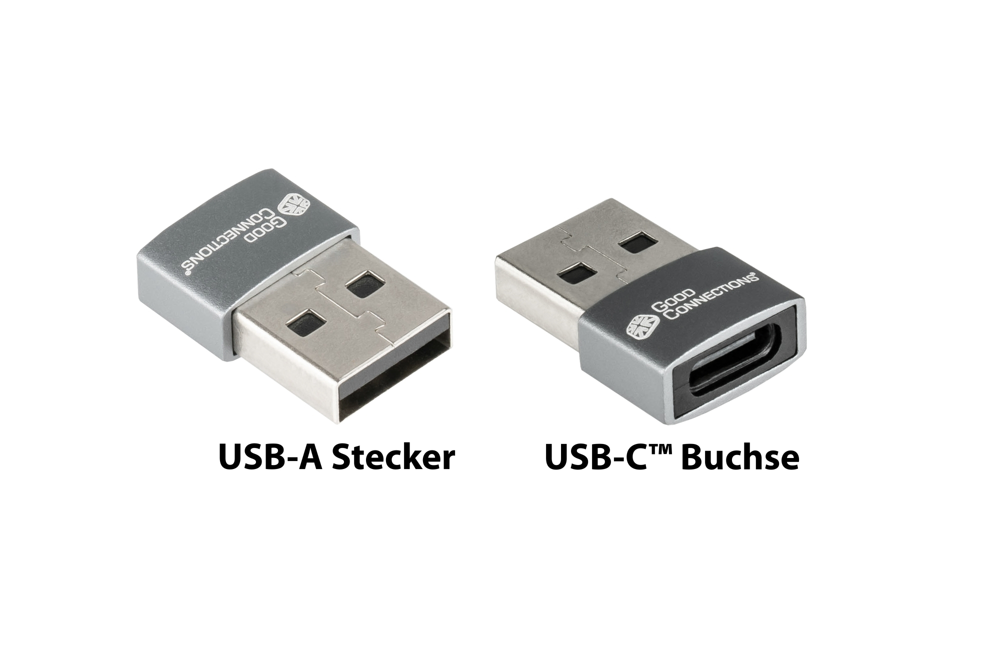 Due connettori USB: un USB-A argentato e un USB-C argentato, entrambi etichettati.
