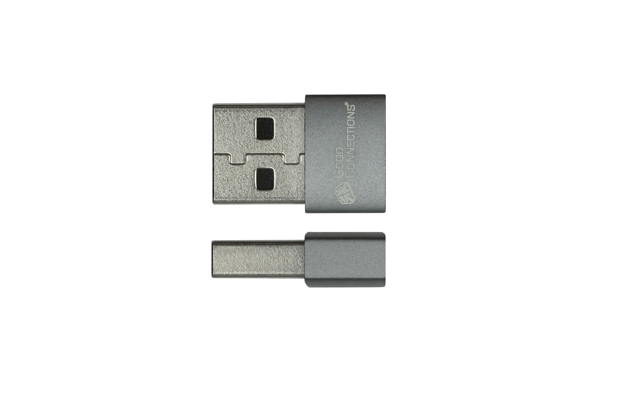 Adattatore grigio da USB a mini USB. L'adattatore è rettangolare.