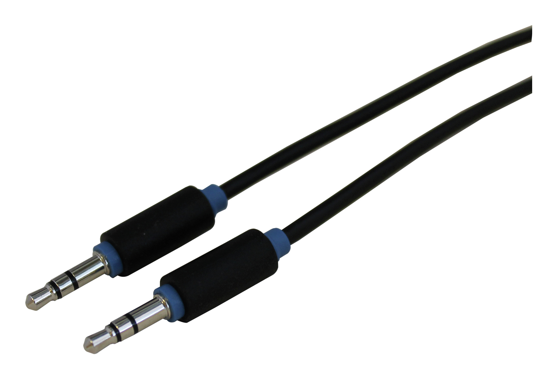 Due cavi audio neri con connettori argentati su sfondo bianco.