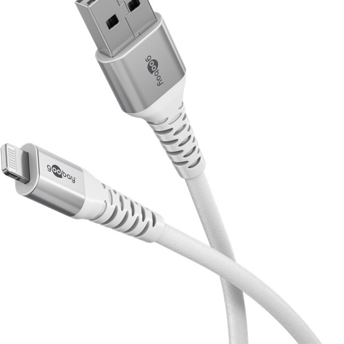 Biały kabel USB do Lightning, marki 'goobay'. Kabel jest zakrzywiony.