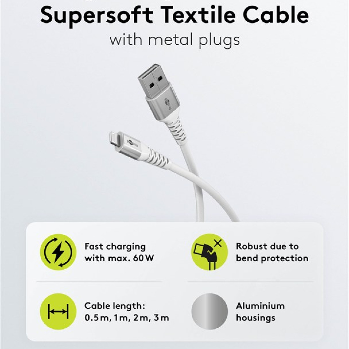 Biały kabel USB do USB-C. Posiada szybkie ładowanie i solidną ochronę przed zginaniem.