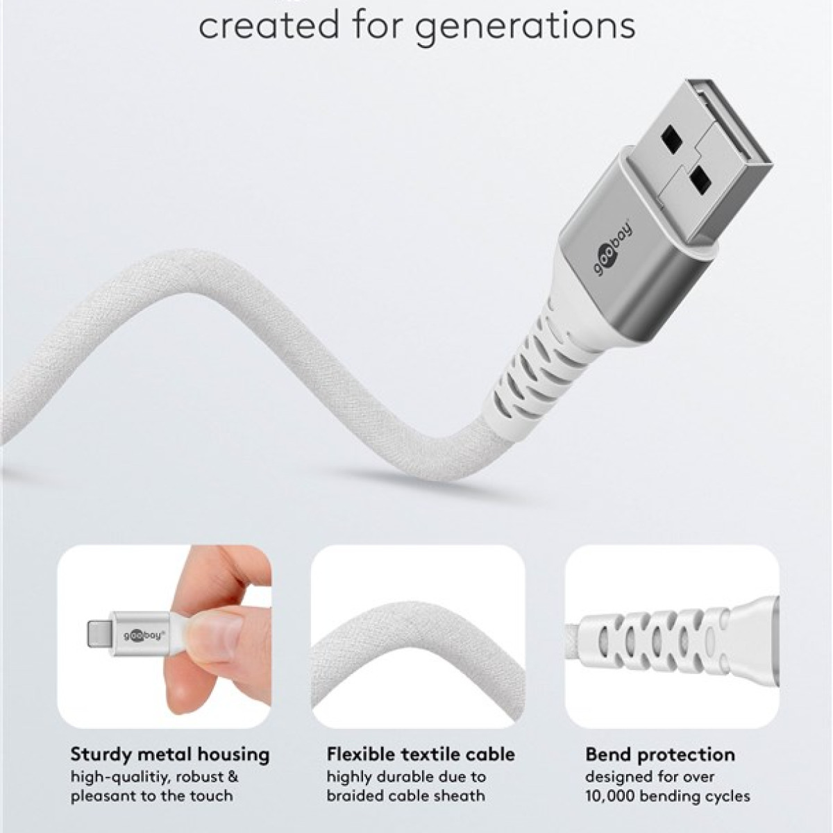 Biały kabel USB z metalowym złączem i trzy zbliżenia. Tekst: wytrzymały metal, elastyczny materiał.