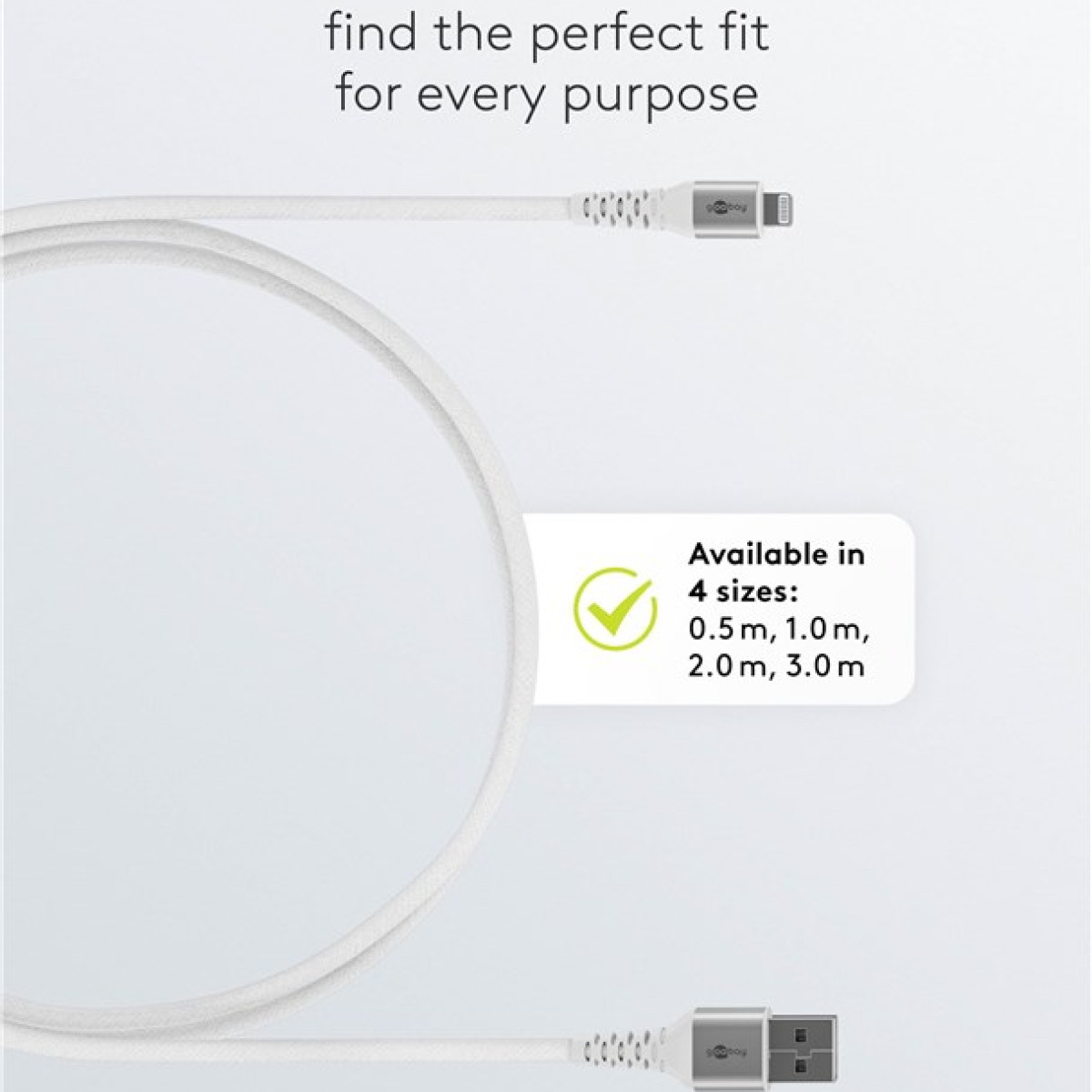 Biały kabel USB do Lightning. Kabel jest dostępny w 4 rozmiarach: 0,5 m, 1,0 m, 2,0 m, 3,0 m.