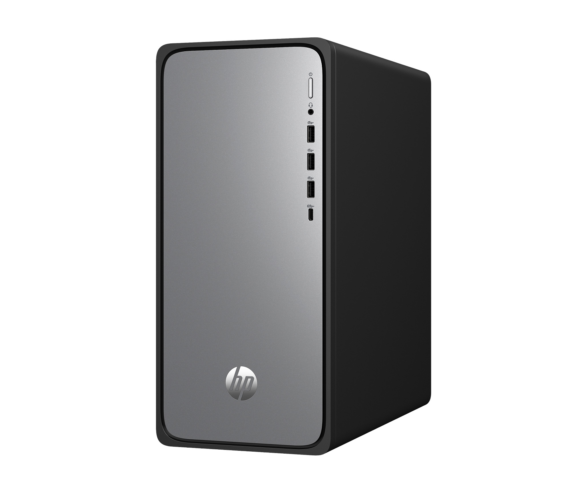 Black and gray HP desktop computer. HP logo visible. White background.